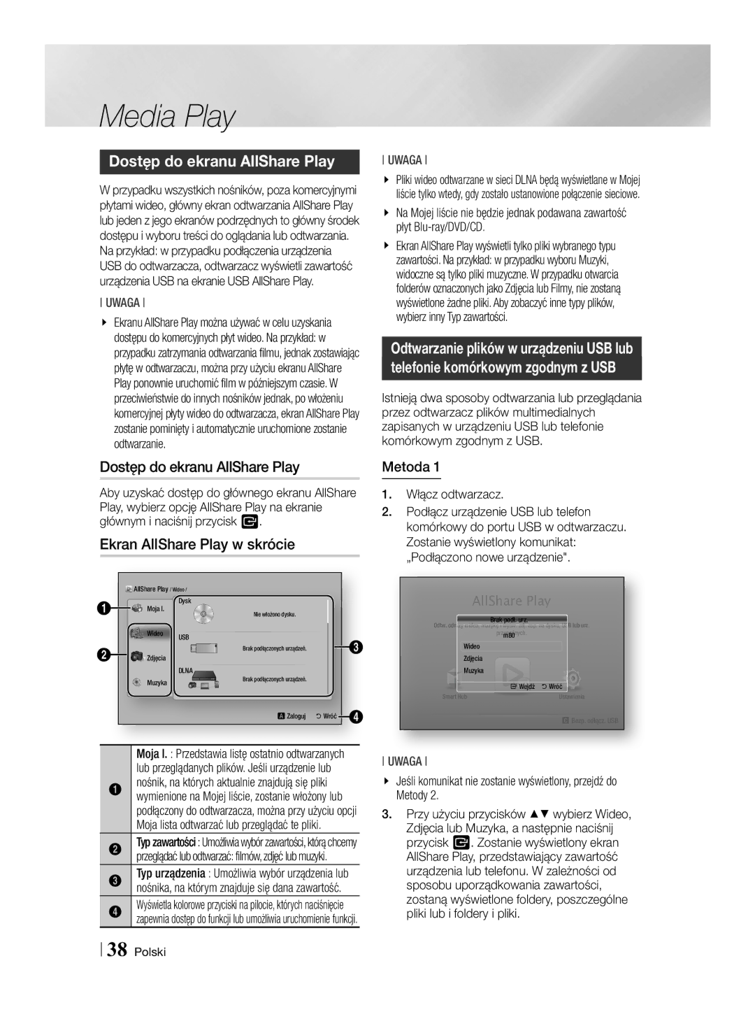 Samsung BD-ES7000/EN manual Dostęp do ekranu AllShare Play, Ekran AllShare Play w skrócie, Metoda, Włącz odtwarzacz 