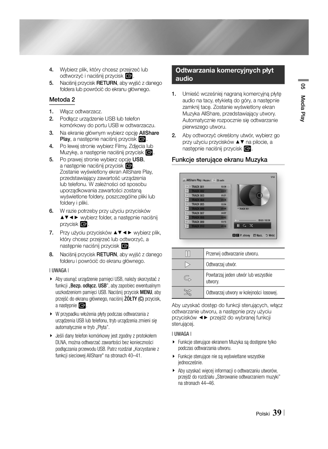 Samsung BD-ES7000/EN manual Odtwarzania komercyjnych płyt audio, Funkcje sterujące ekranu Muzyka 