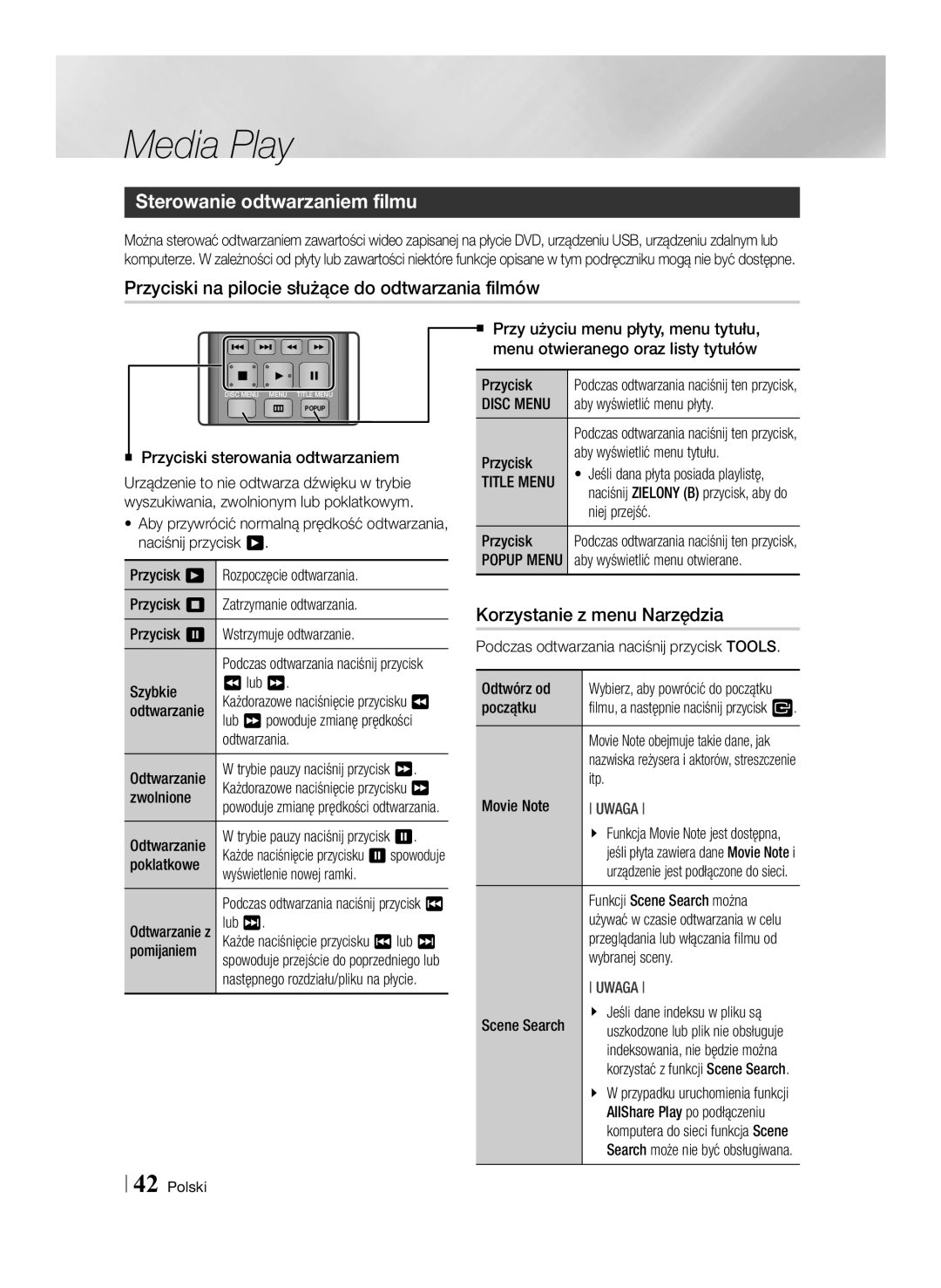 Samsung BD-ES7000/EN manual Sterowanie odtwarzaniem filmu, Przyciski na pilocie służące do odtwarzania filmów 