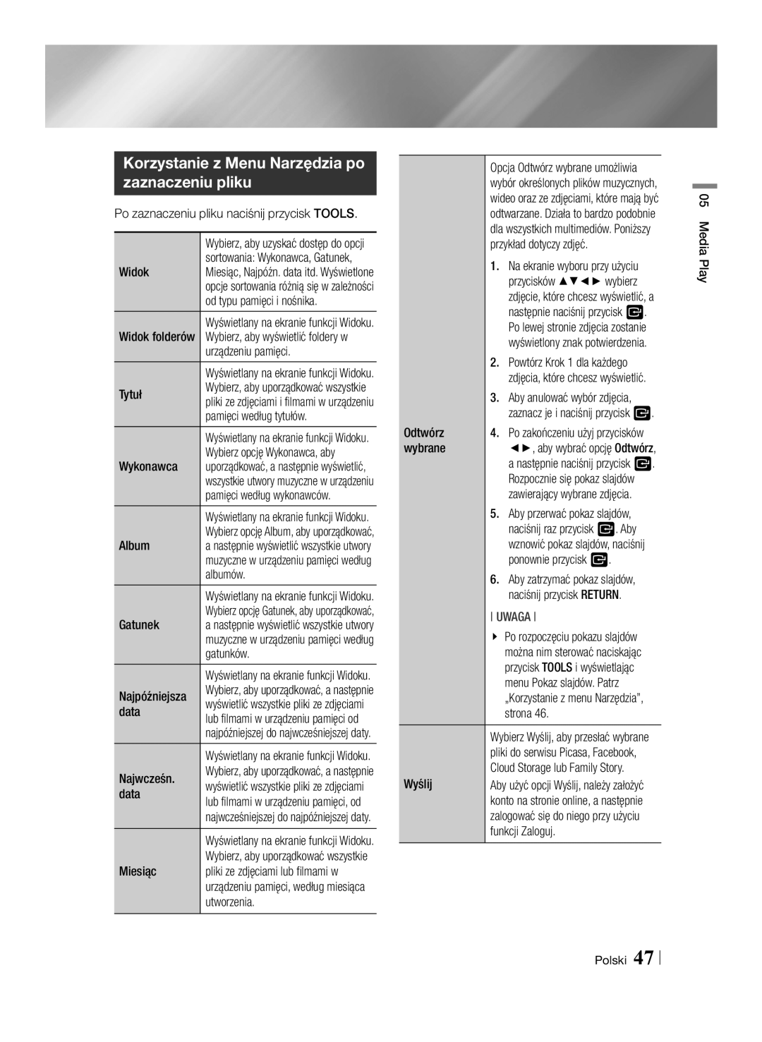 Samsung BD-ES7000/EN manual Korzystanie z Menu Narzędzia po zaznaczeniu pliku 