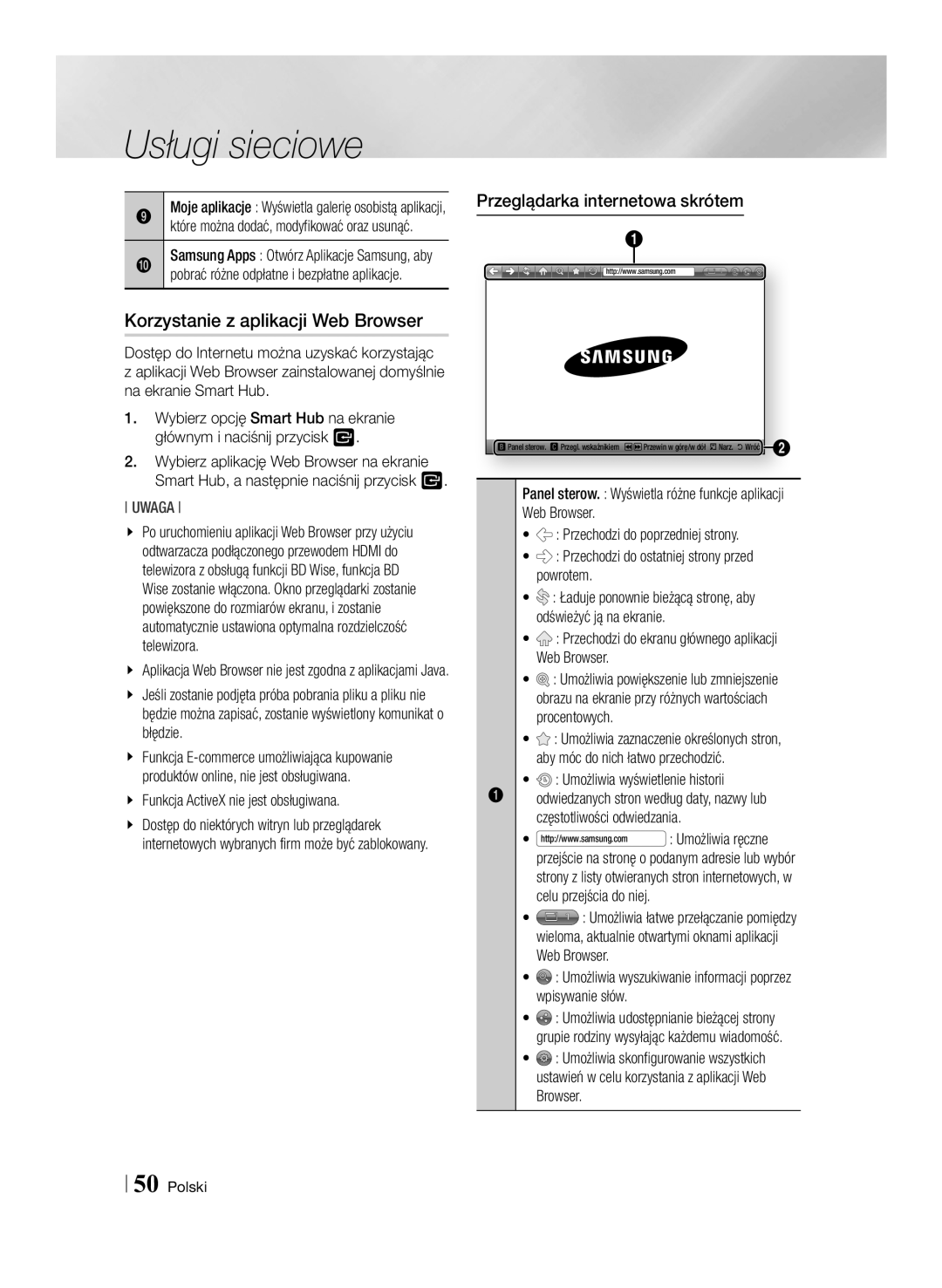 Samsung BD-ES7000/EN manual Korzystanie z aplikacji Web Browser, Przeglądarka internetowa skrótem 