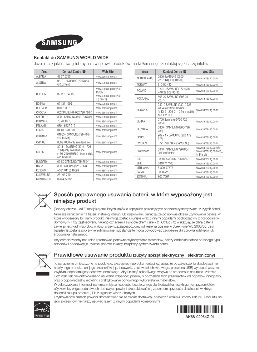 Samsung BD-ES7000/EN manual Area Contact Centre  Web Site 