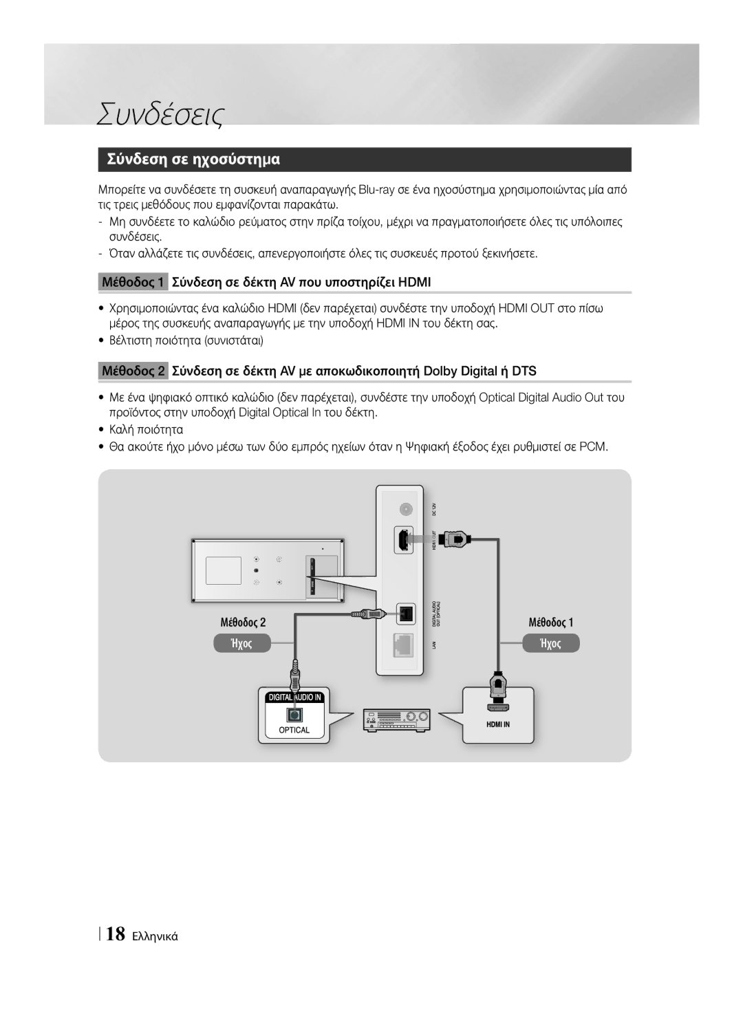 Samsung BD-ES7000/EN manual Σύνδεση σε ηχοσύστημα, Μέθοδος 1 Ήχος, 18 Ελληνικά 