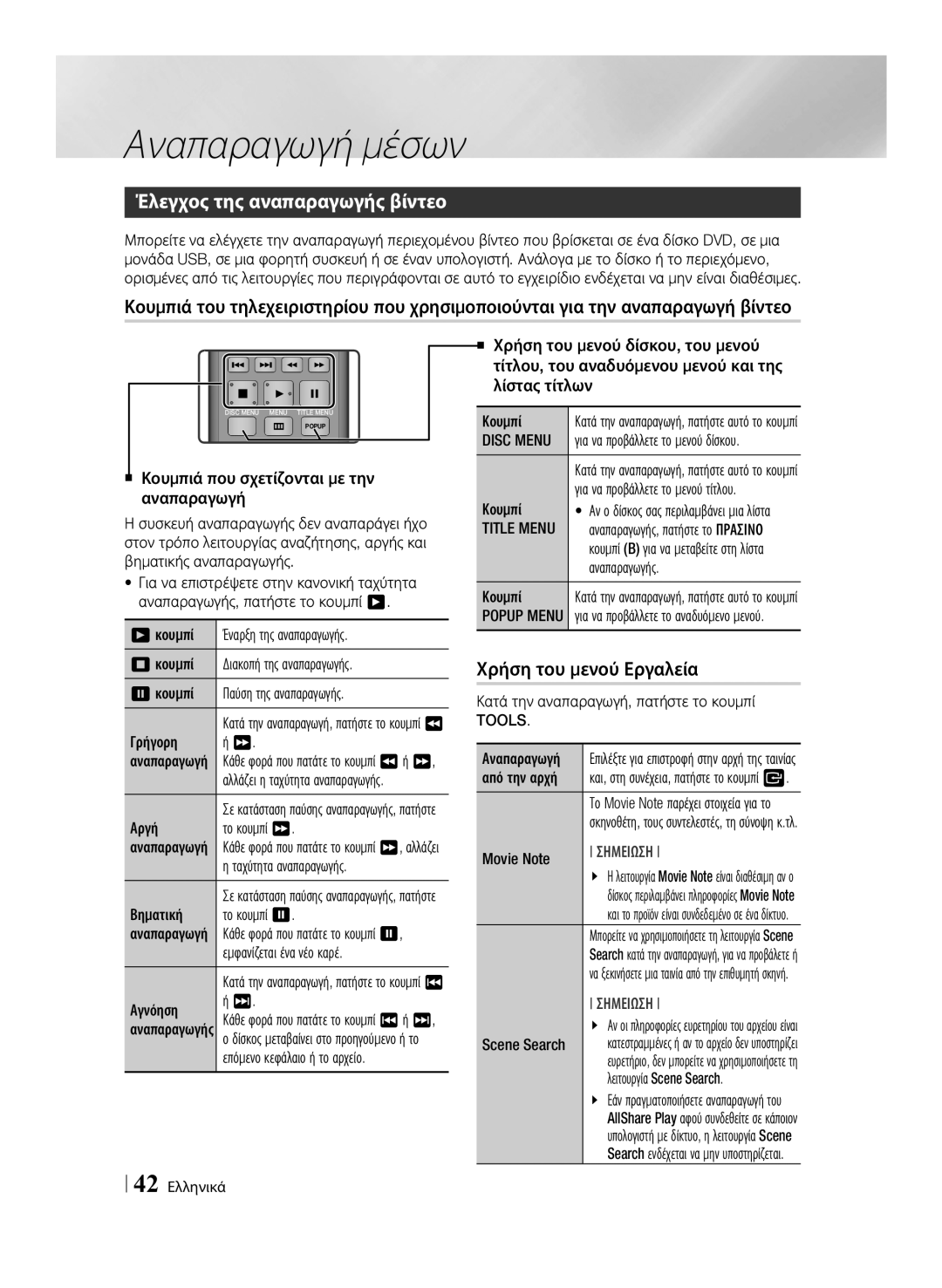 Samsung BD-ES7000/EN manual Έλεγχος της αναπαραγωγής βίντεο, Χρήση του μενού Εργαλεία, Disc Menu, Title Menu 