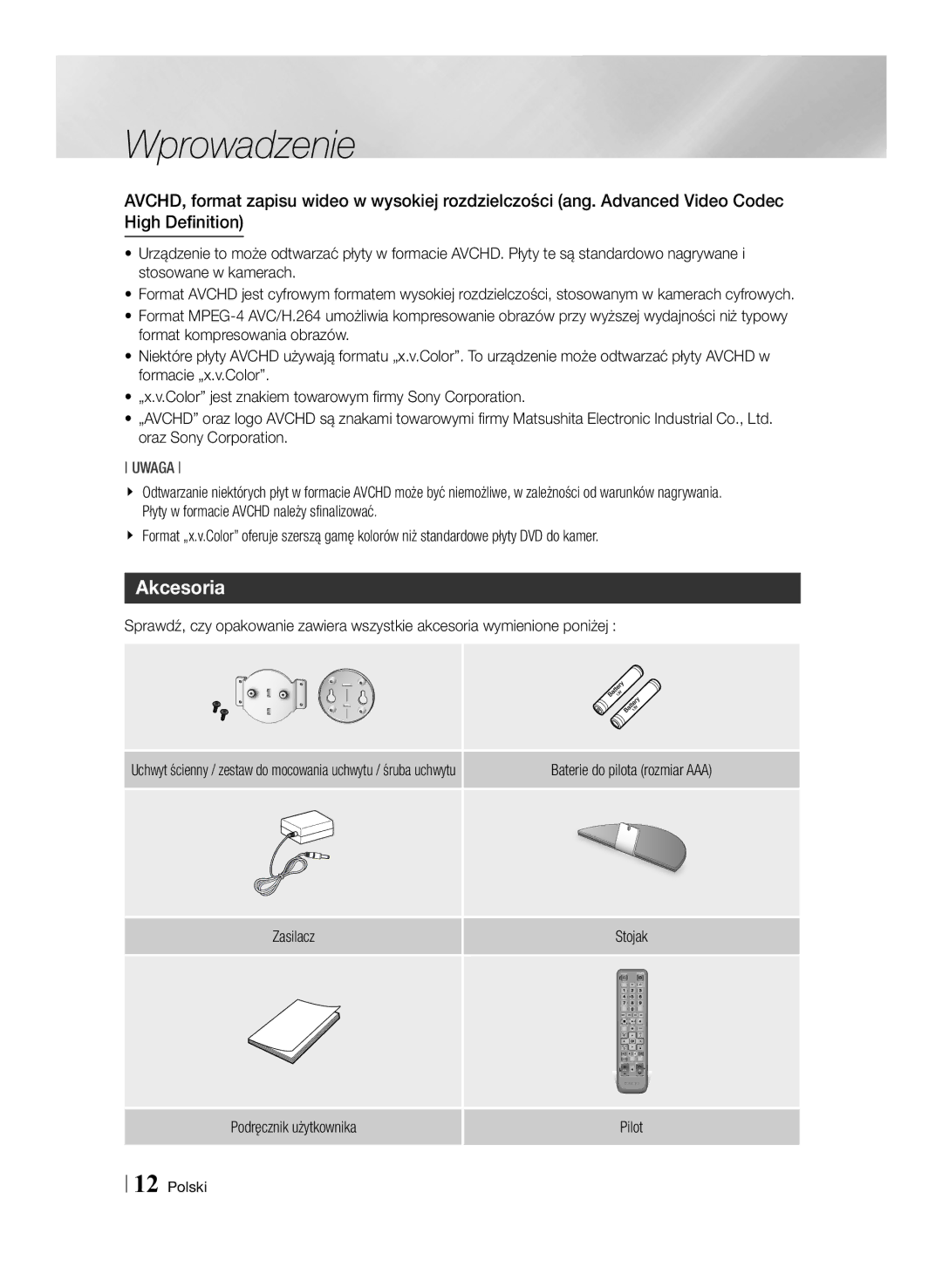 Samsung BD-ES7000/EN manual Akcesoria, Uchwyt ścienny / zestaw do mocowania uchwytu / śruba uchwytu 