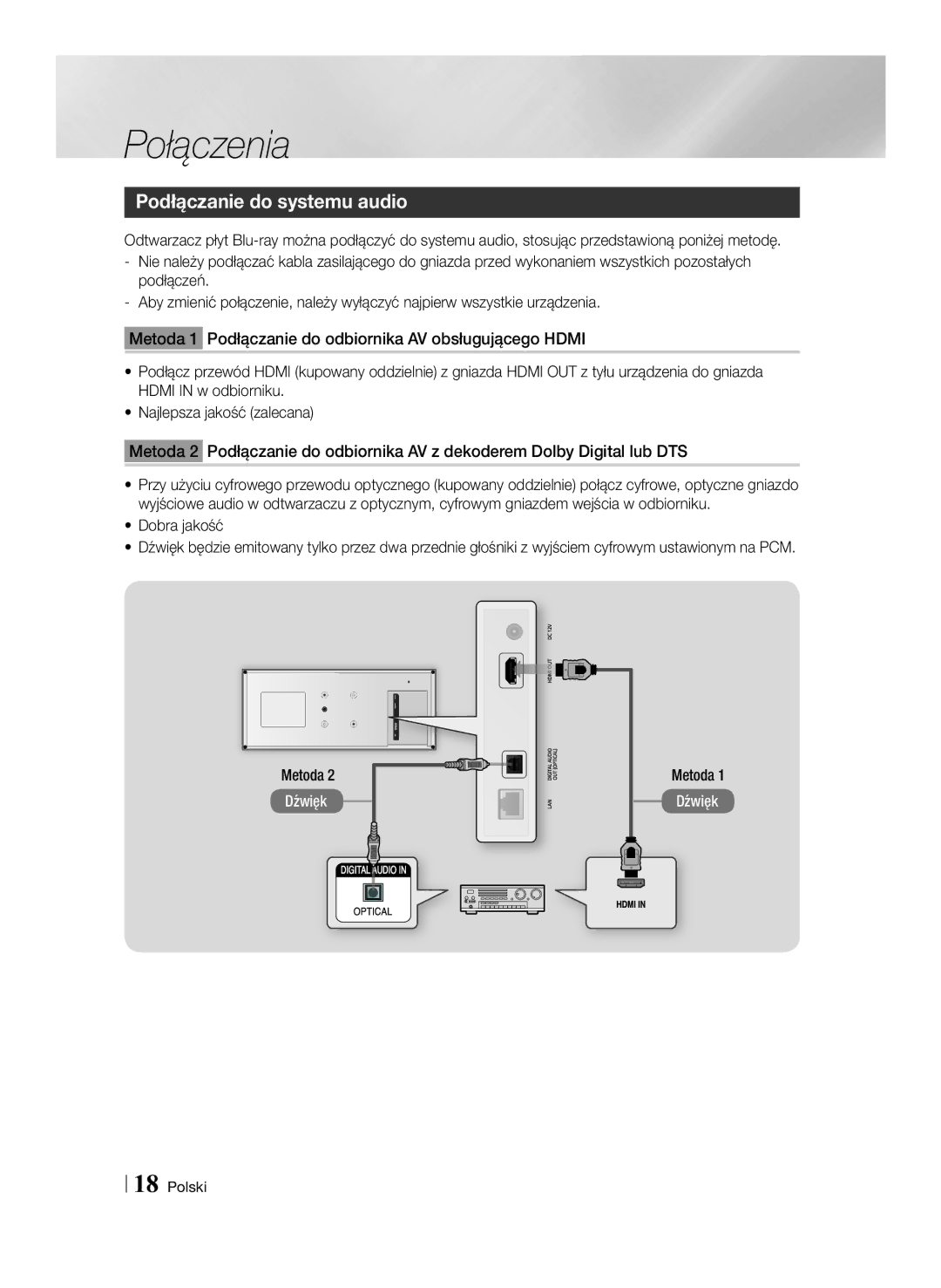 Samsung BD-ES7000/EN manual Podłączanie do systemu audio, Metoda 