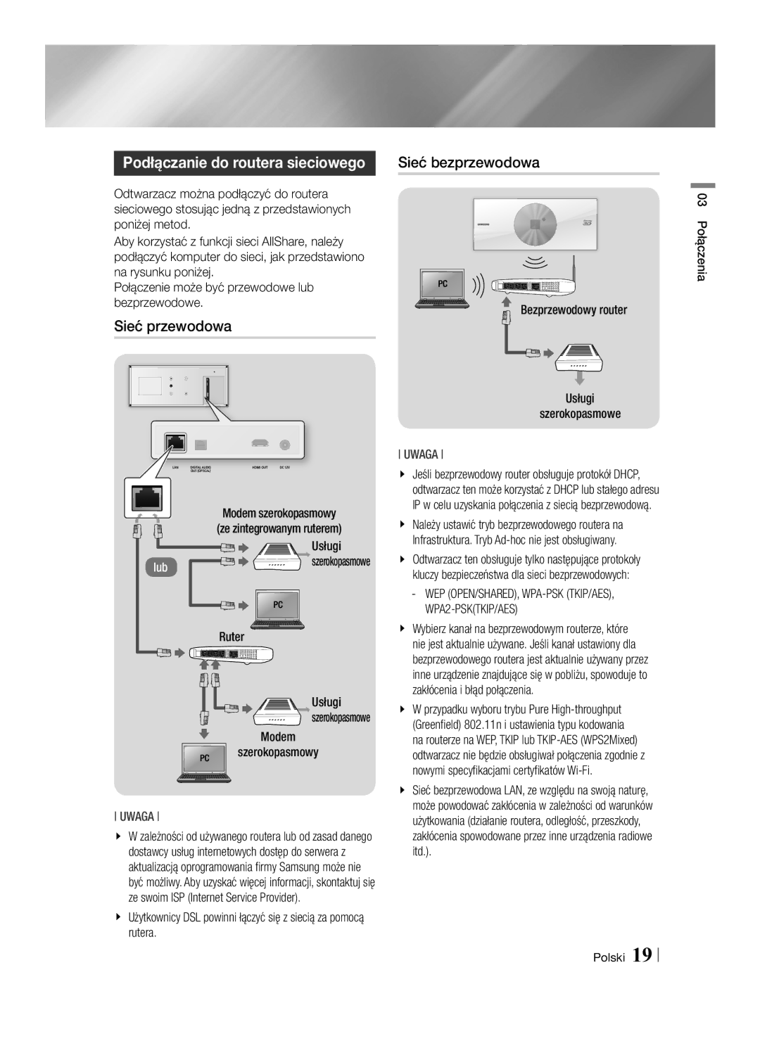 Samsung BD-ES7000/EN manual Podłączanie do routera sieciowego, Sieć przewodowa Sieć bezprzewodowa, WPA2-PSKTKIP/AES 