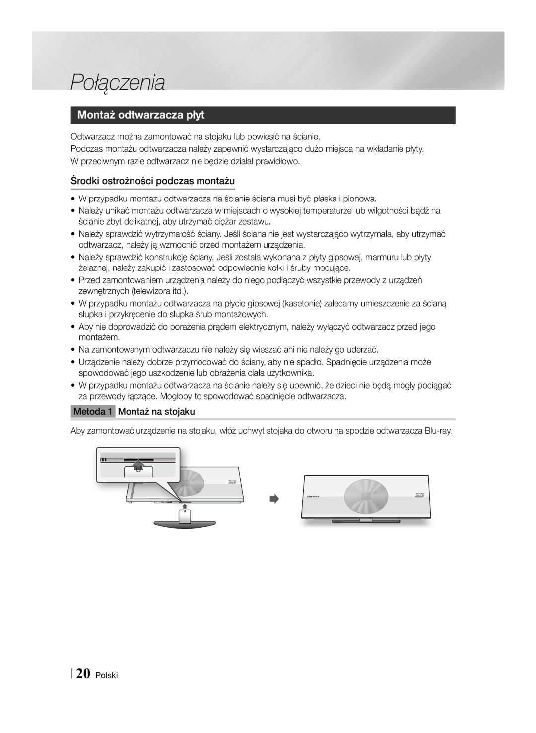 Samsung BD-ES7000/EN manual Montaż odtwarzacza płyt, Środki ostrożności podczas montażu 