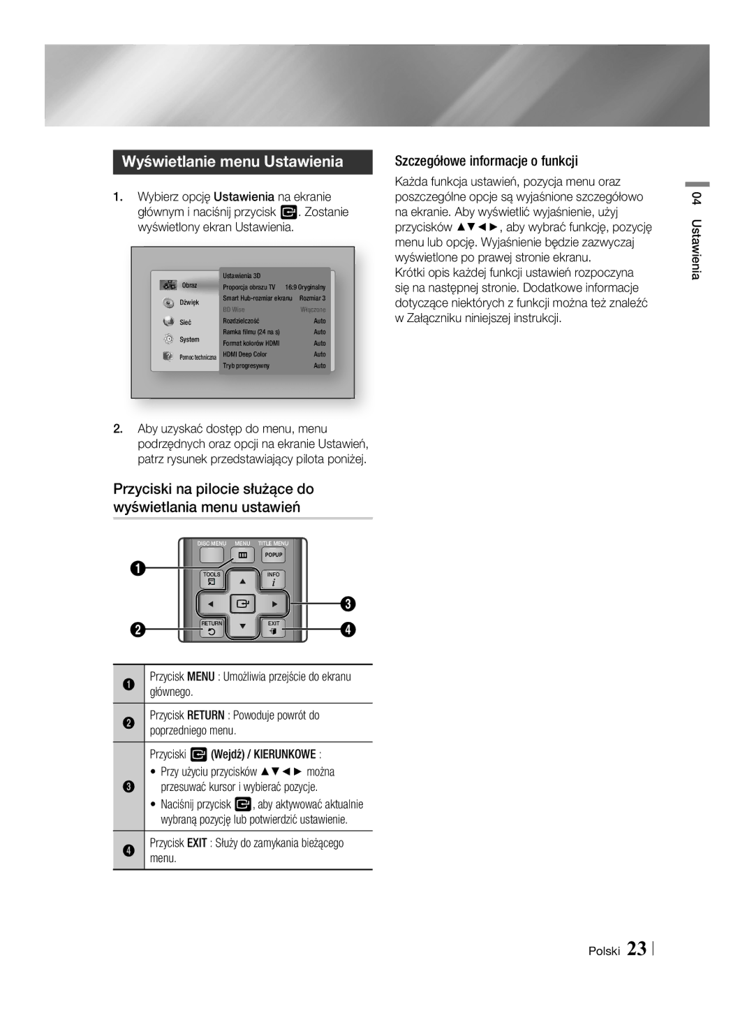 Samsung BD-ES7000/EN Wyświetlanie menu Ustawienia, Przyciski na pilocie służące do wyświetlania menu ustawień, Głównego 