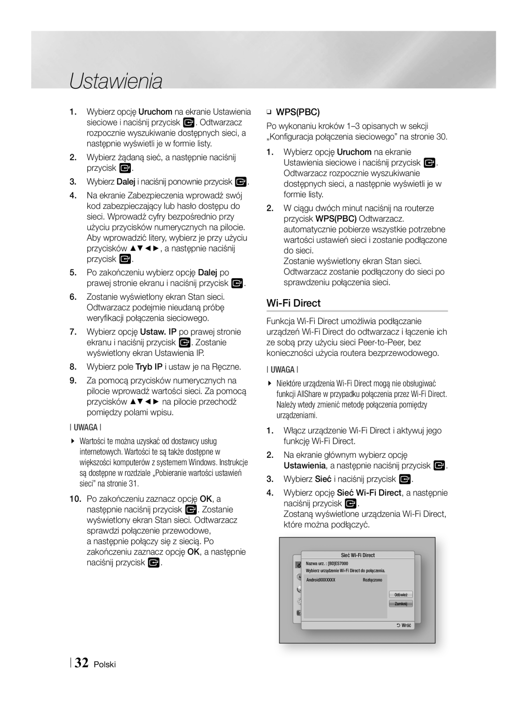 Samsung BD-ES7000/EN manual Sieć Wi-Fi Direct 