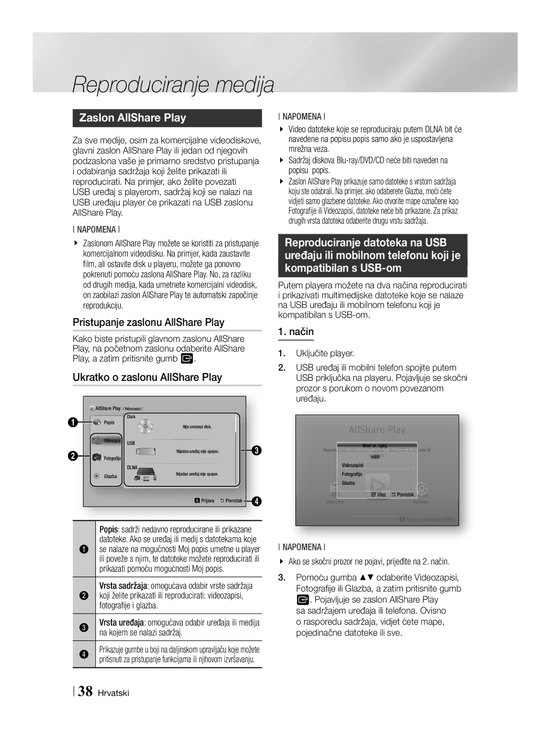 Samsung BD-ES7000/EN manual Zaslon AllShare Play, Pristupanje zaslonu AllShare Play, Ukratko o zaslonu AllShare Play 