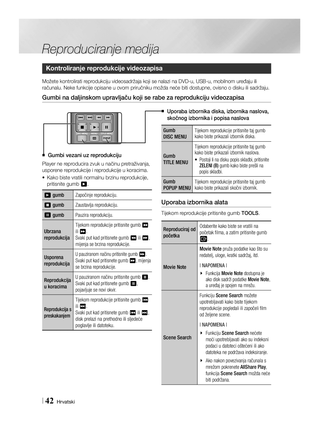 Samsung BD-ES7000/EN manual Kontroliranje reprodukcije videozapisa, Uporaba izbornika alata 