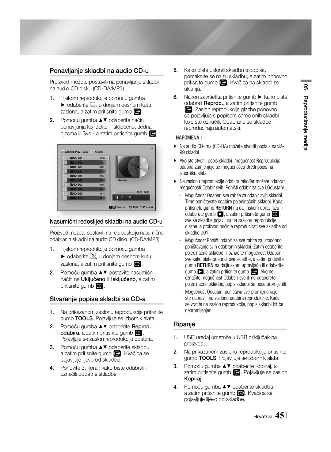 Samsung BD-ES7000/EN manual Ponavljanje skladbi na audio CD-u, Stvaranje popisa skladbi sa CD-a, Ripanje 