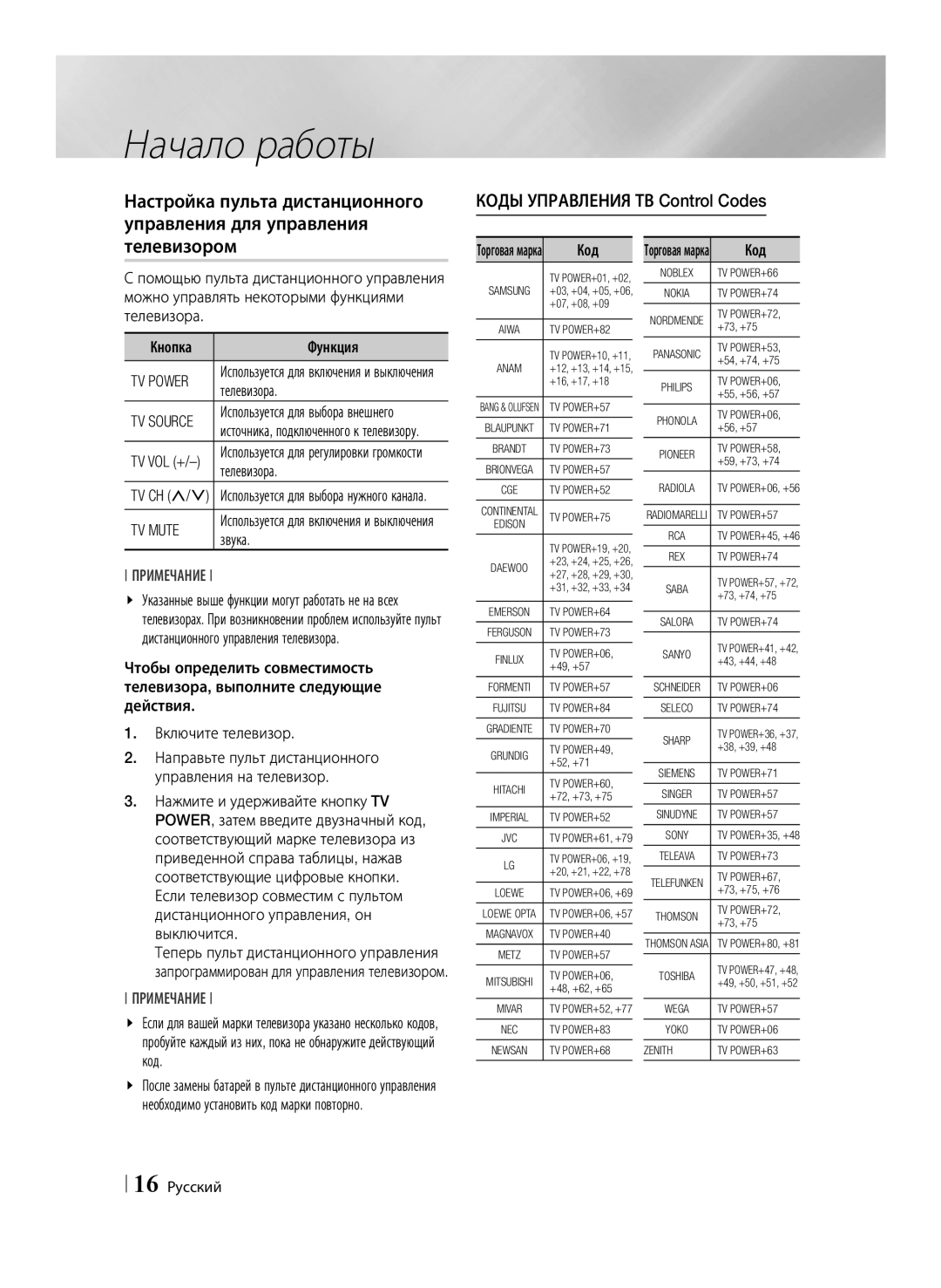 Samsung BD-ES7000/RU manual Настройка пульта дистанционного управления для управления, Телевизором, TV Power, TV Mute 