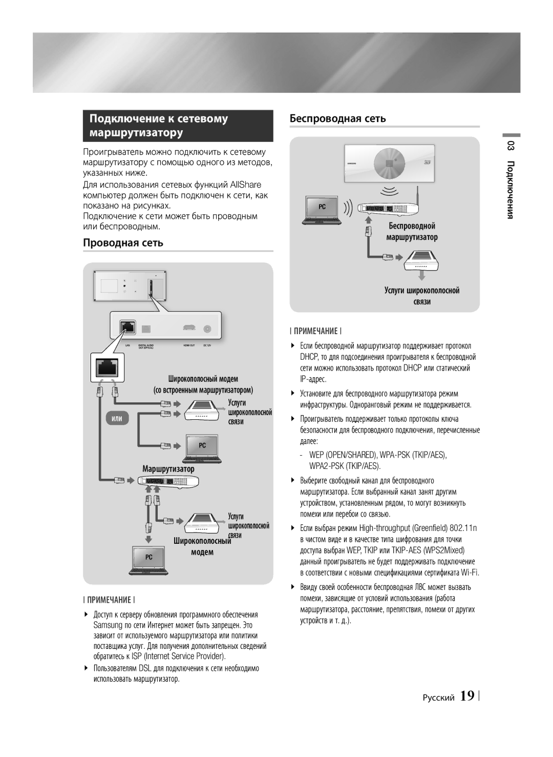 Samsung BD-ES7000/RU manual Проводная сеть Беспроводная сеть 