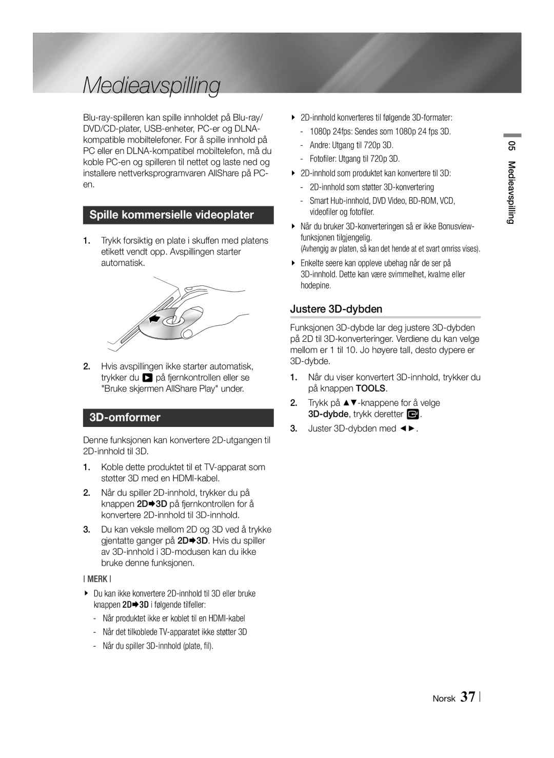 Samsung BD-ES7000/XE manual Medieavspilling, Spille kommersielle videoplater, 3D-omformer, Justere 3D-dybden 