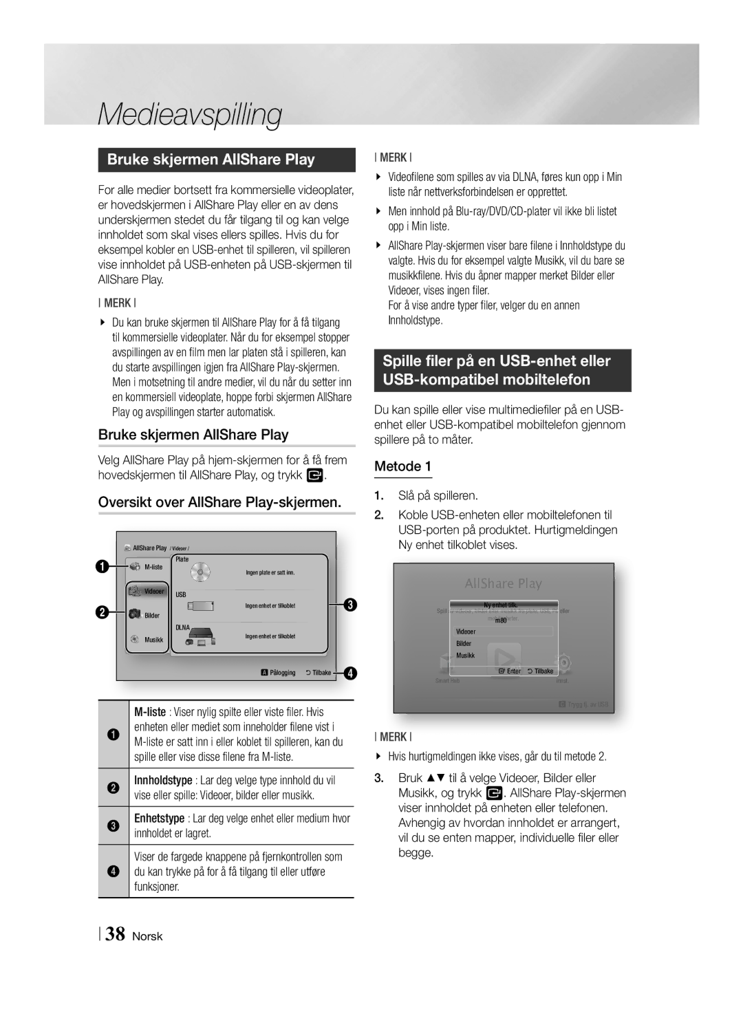 Samsung BD-ES7000/XE manual Bruke skjermen AllShare Play, Oversikt over AllShare Play-skjermen, Metode 