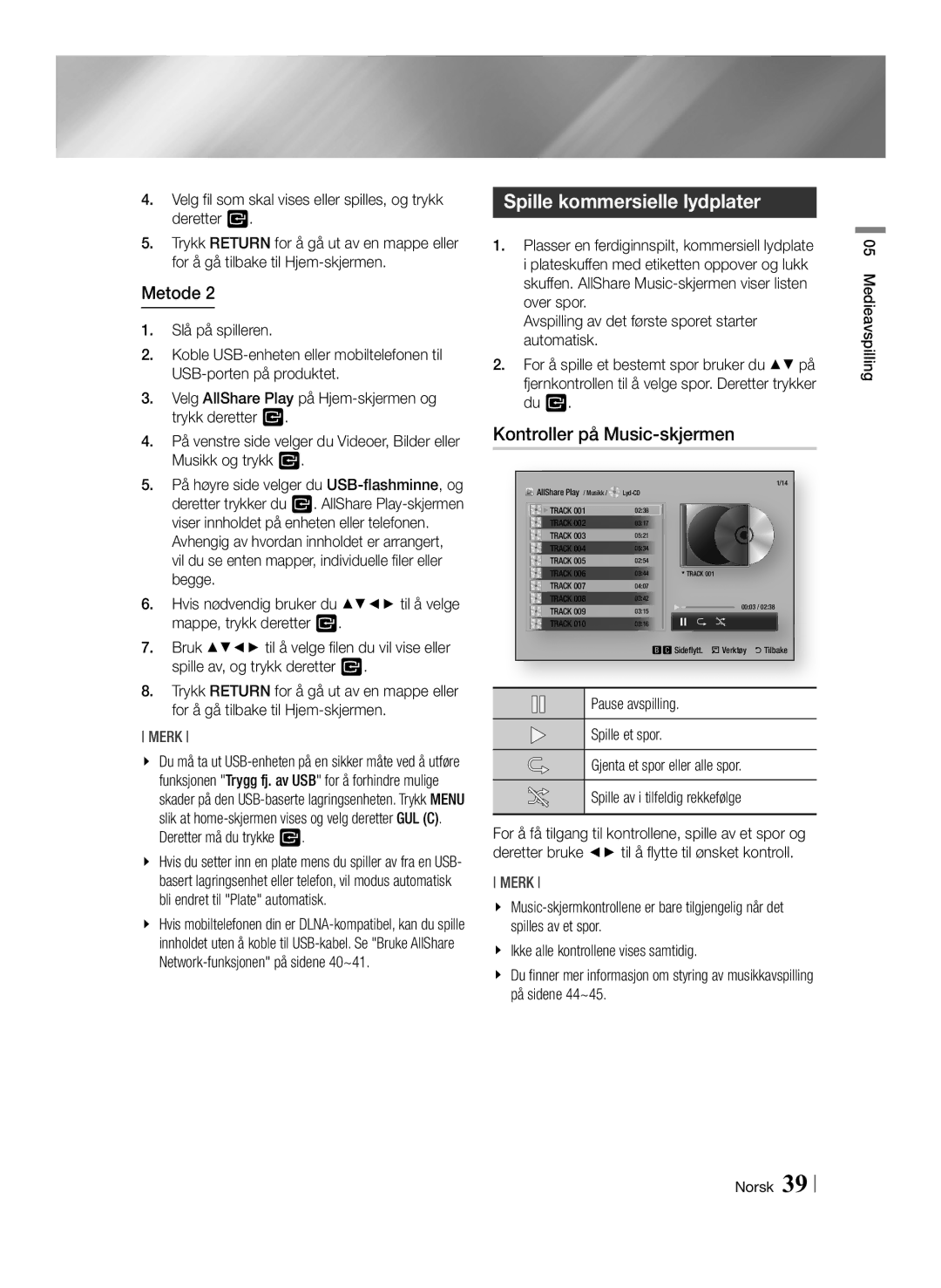 Samsung BD-ES7000/XE manual Spille kommersielle lydplater, Kontroller på Music-skjermen 