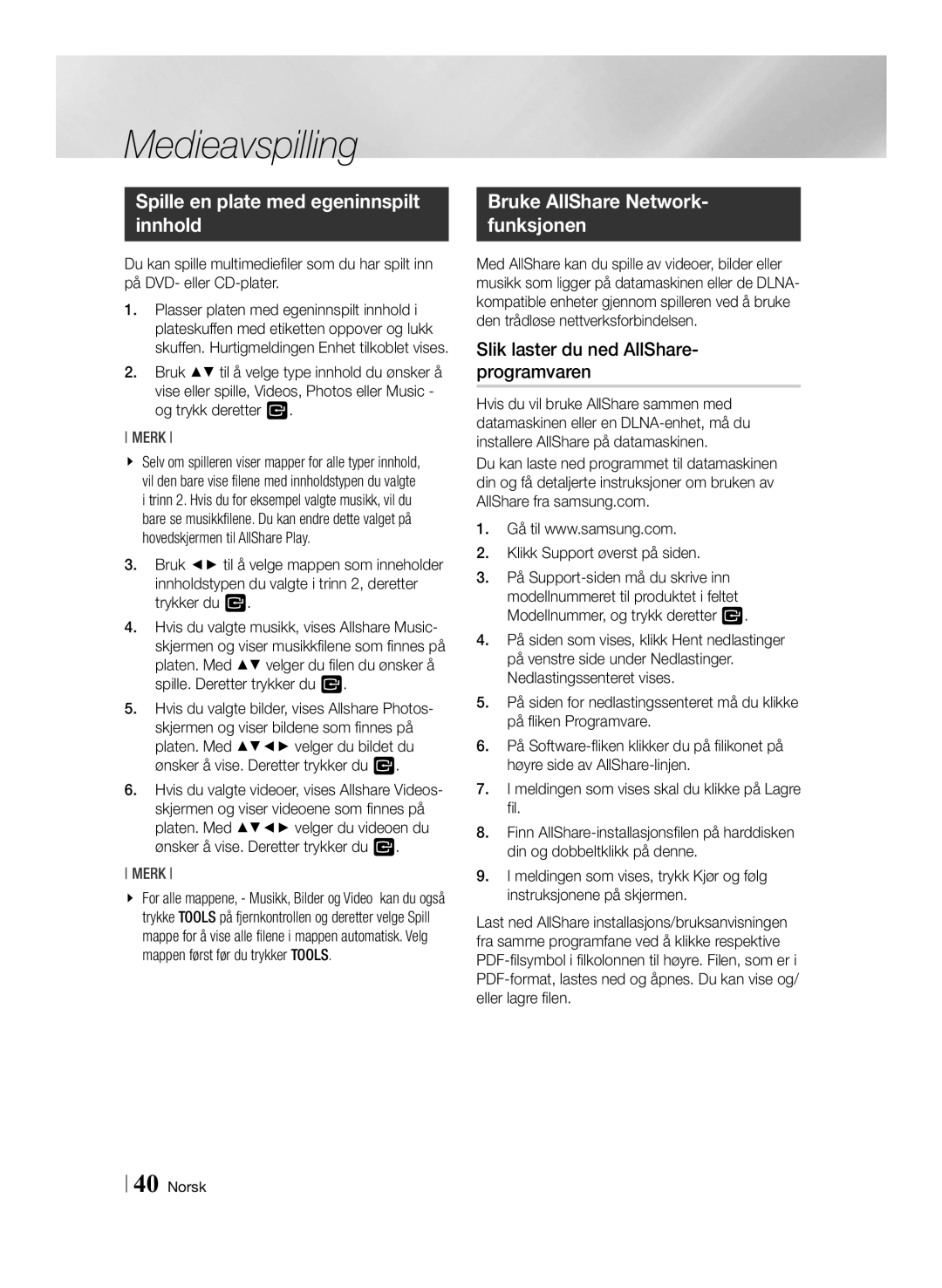 Samsung BD-ES7000/XE manual Spille en plate med egeninnspilt innhold, Bruke AllShare Network- funksjonen 