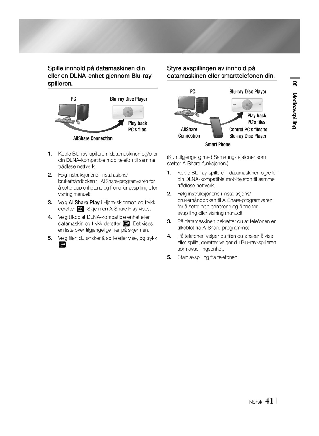 Samsung BD-ES7000/XE manual Velg filen du ønsker å spille eller vise, og trykk, Smart Phone, Play back PCs files 