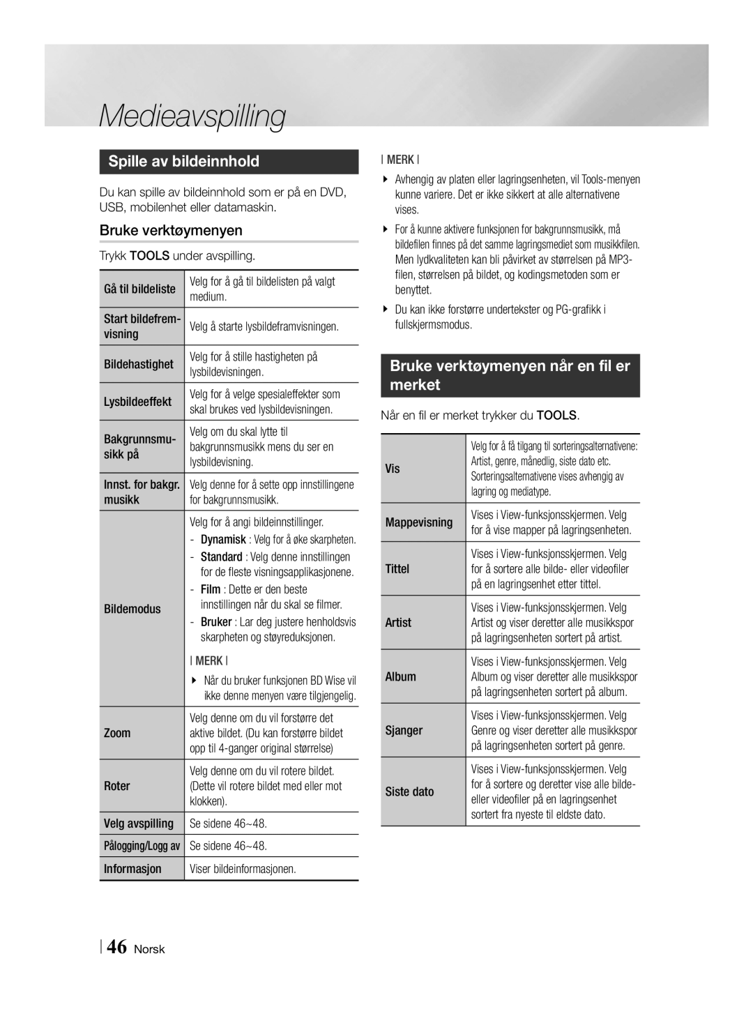 Samsung BD-ES7000/XE manual Spille av bildeinnhold, Bruke verktøymenyen når en fil er merket 