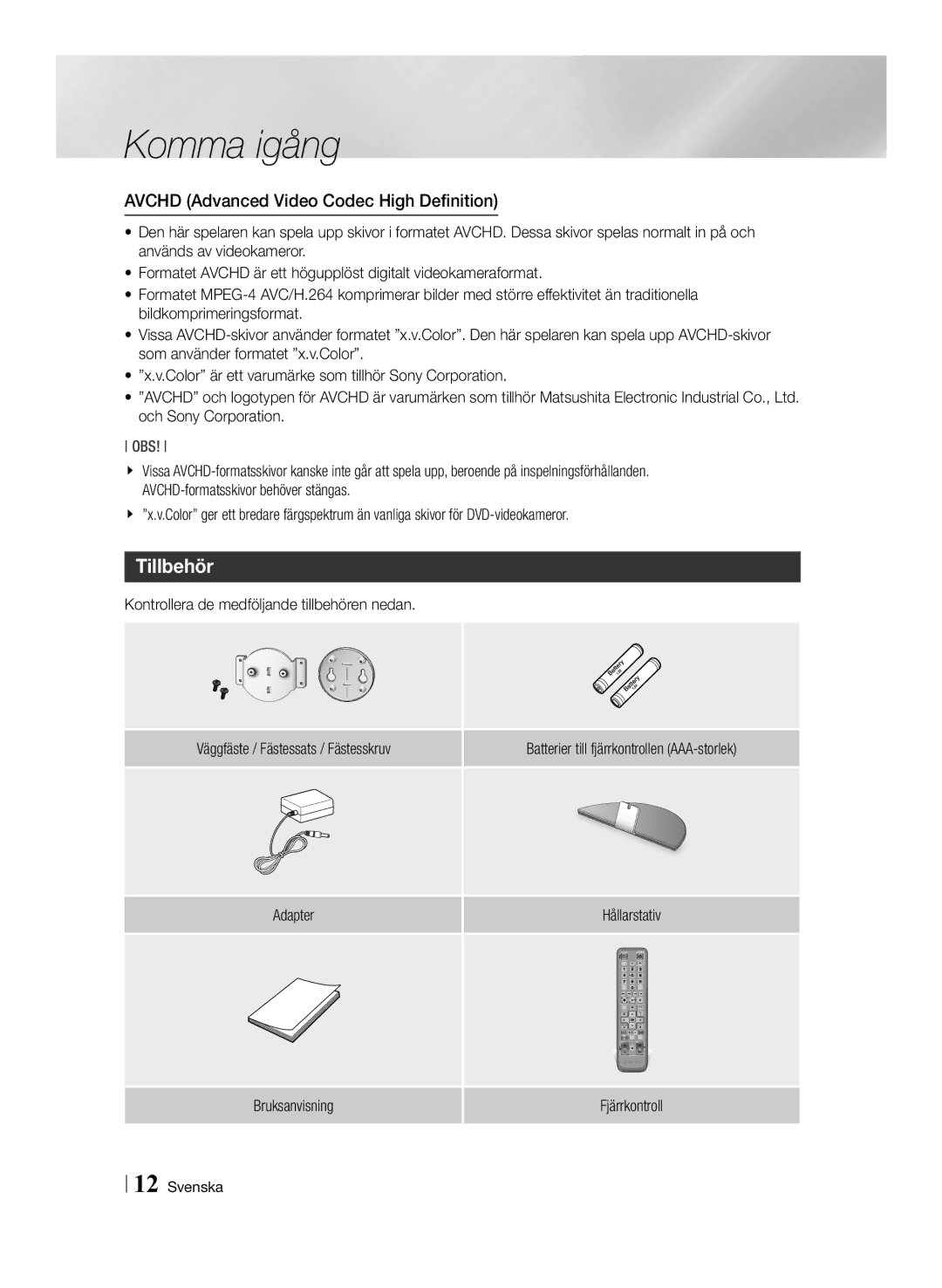 Samsung BD-ES7000/XE manual Tillbehör, Avchd Advanced Video Codec High Definition 