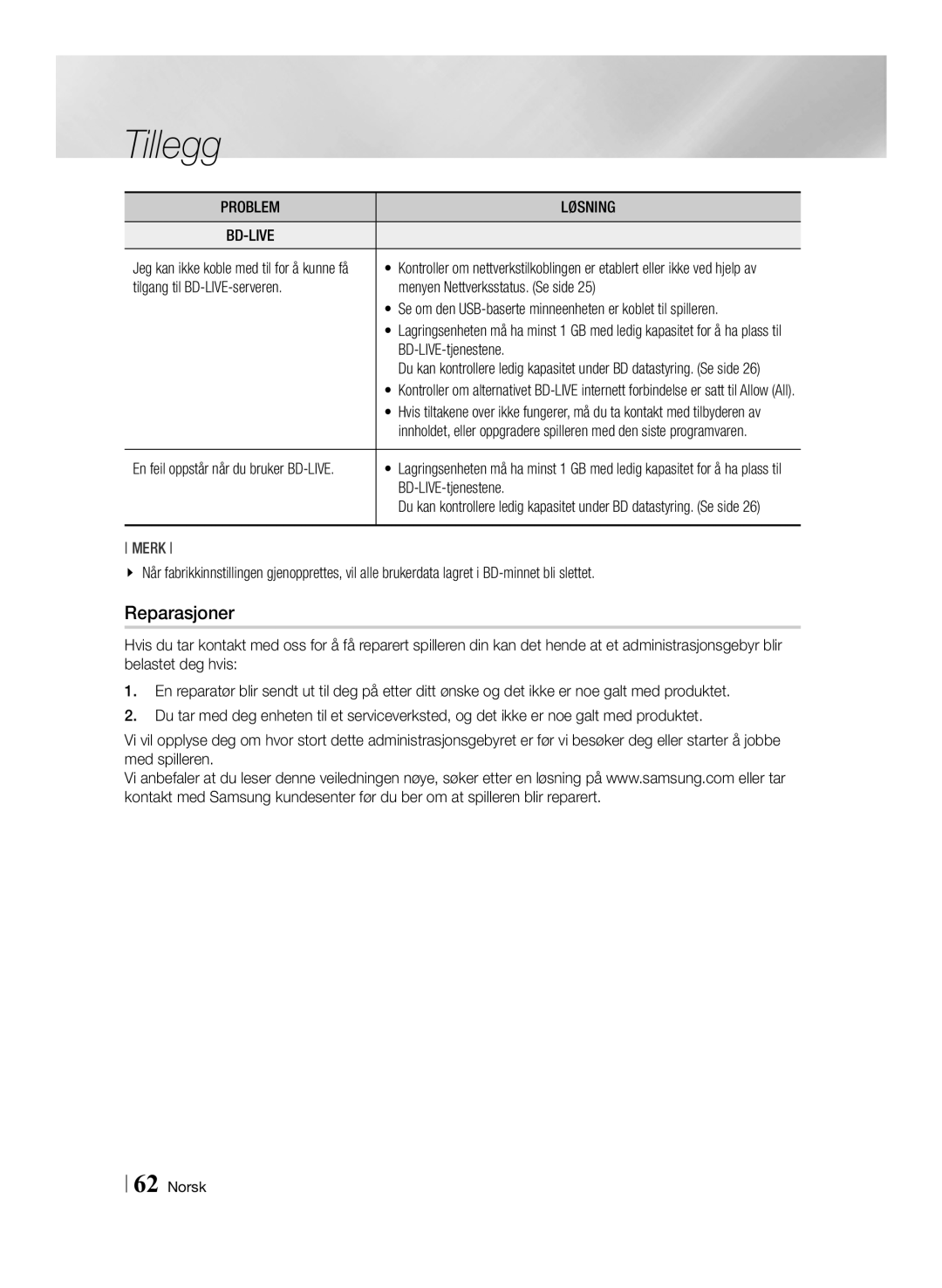 Samsung BD-ES7000/XE manual Reparasjoner, BD-LIVE-tjenestene, Se om den USB-baserte minneenheten er koblet til spilleren 