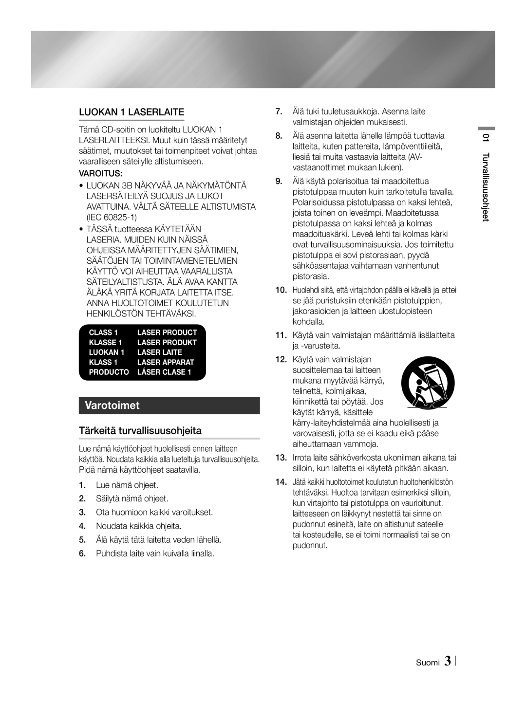 Samsung BD-ES7000/XE manual Varotoimet, Tärkeitä turvallisuusohjeita, Turvallisuusohjeet Suomi 