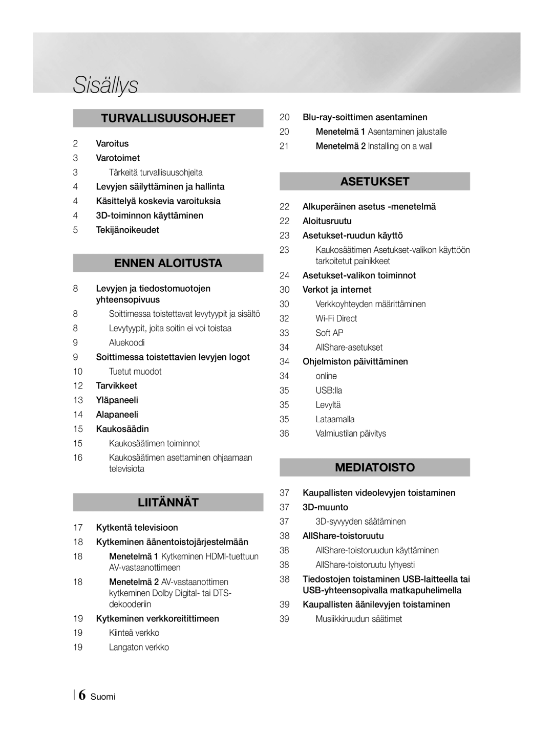 Samsung BD-ES7000/XE manual Sisällys, Levyjen ja tiedostomuotojen yhteensopivuus 