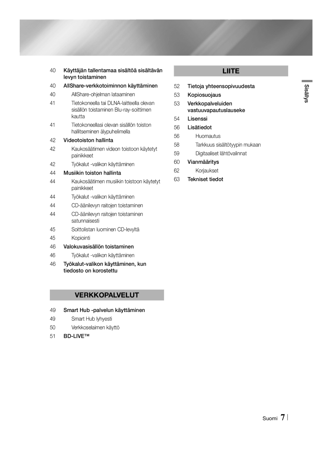 Samsung BD-ES7000/XE manual Liite, Sisällys Suomi 