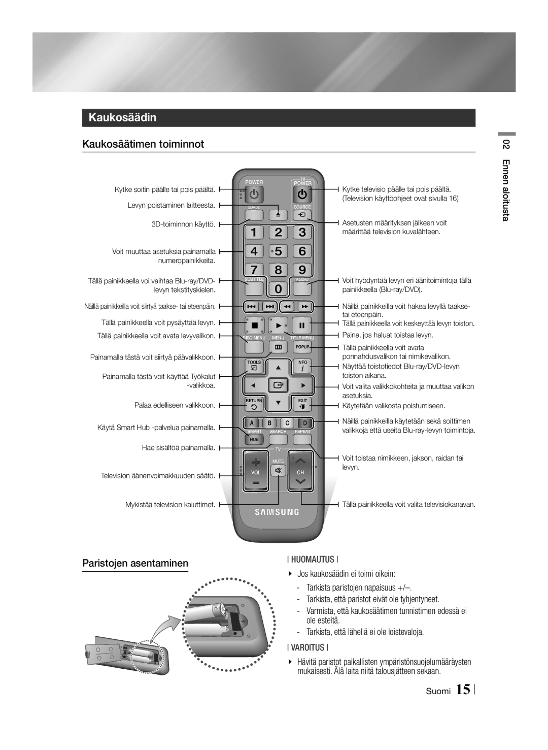 Samsung BD-ES7000/XE manual Kaukosäädin, Kaukosäätimen toiminnot, Paristojen asentaminen, Jos kaukosäädin ei toimi oikein 