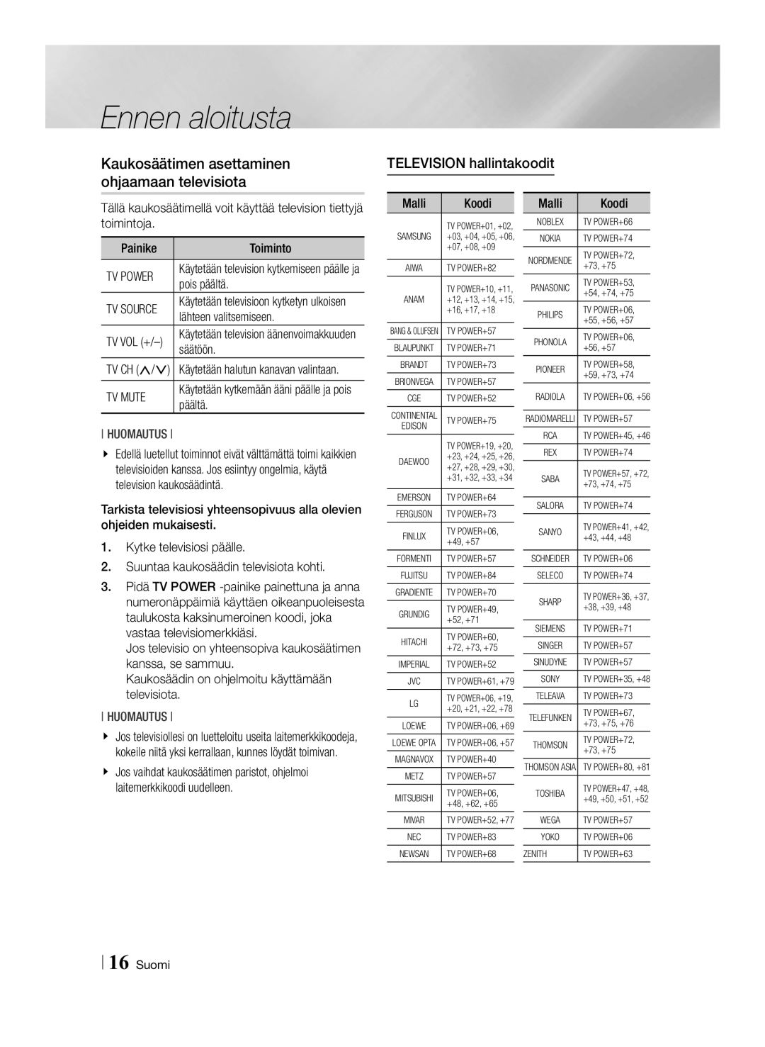 Samsung BD-ES7000/XE manual Kaukosäätimen asettaminen ohjaamaan televisiota, Television hallintakoodit 