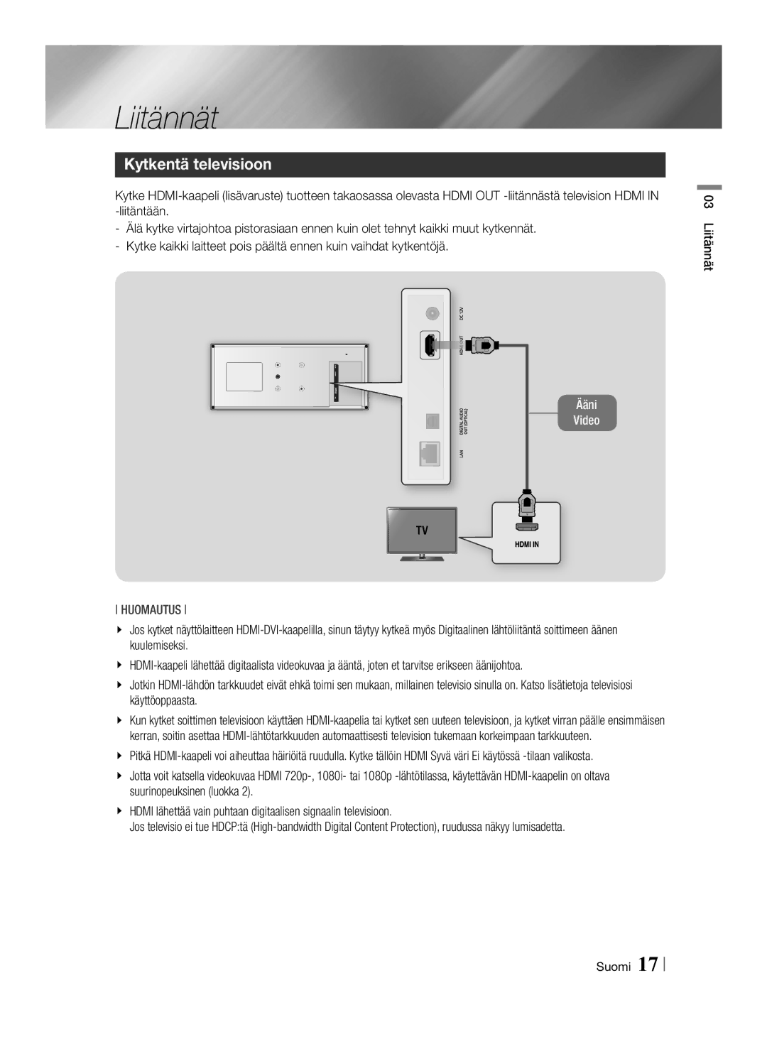 Samsung BD-ES7000/XE manual Liitännät, Kytkentä televisioon 