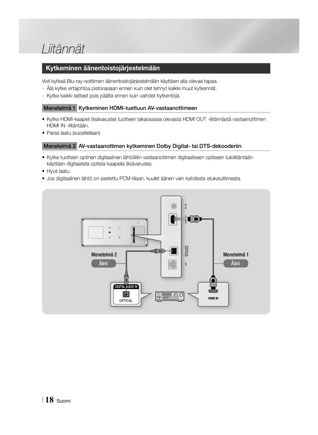 Samsung BD-ES7000/XE manual Kytkeminen äänentoistojärjestelmään, Menetelmä 