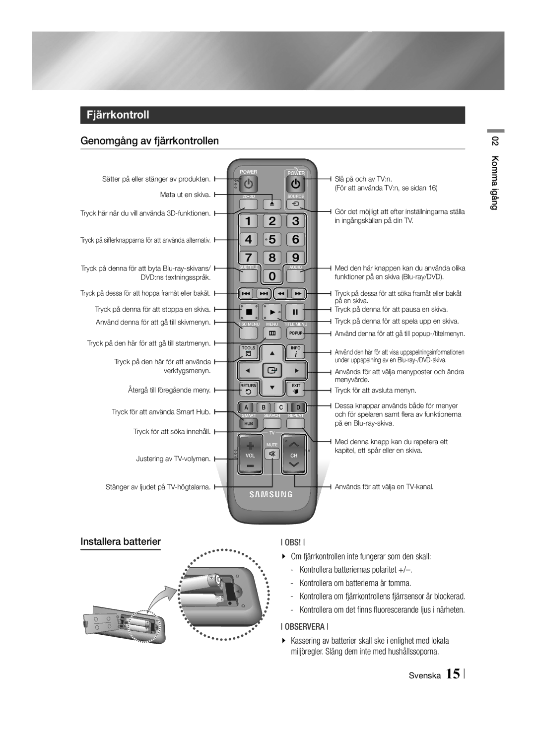 Samsung BD-ES7000/XE manual Fjärrkontroll, Genomgång av fjärrkontrollen, Installera batterier 