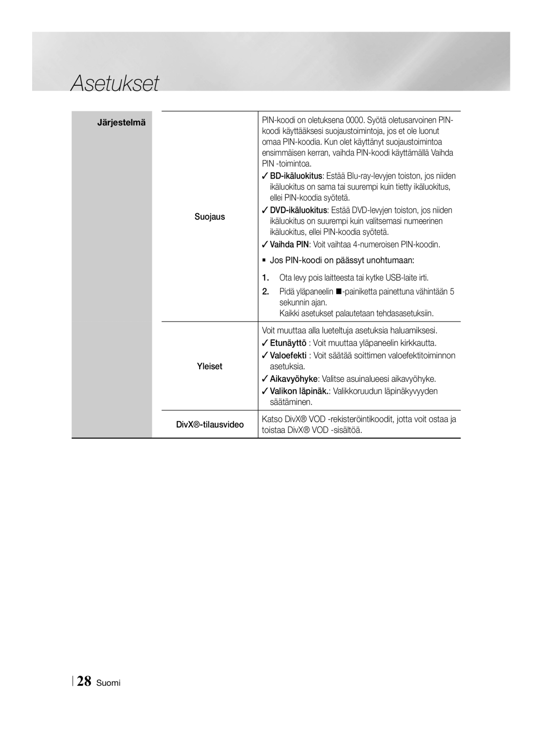 Samsung BD-ES7000/XE manual PIN -toimintoa, Ellei PIN-koodia syötetä, Ikäluokitus, ellei PIN-koodia syötetä, Sekunnin ajan 