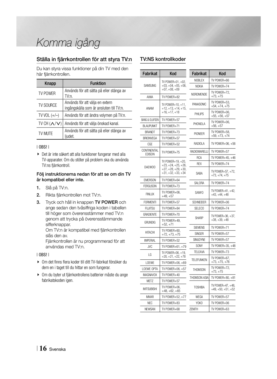 Samsung BD-ES7000/XE manual Ställa in fjärrkontrollen för att styra TVn, TVns kontrollkoder, TV Power, TV Mute 