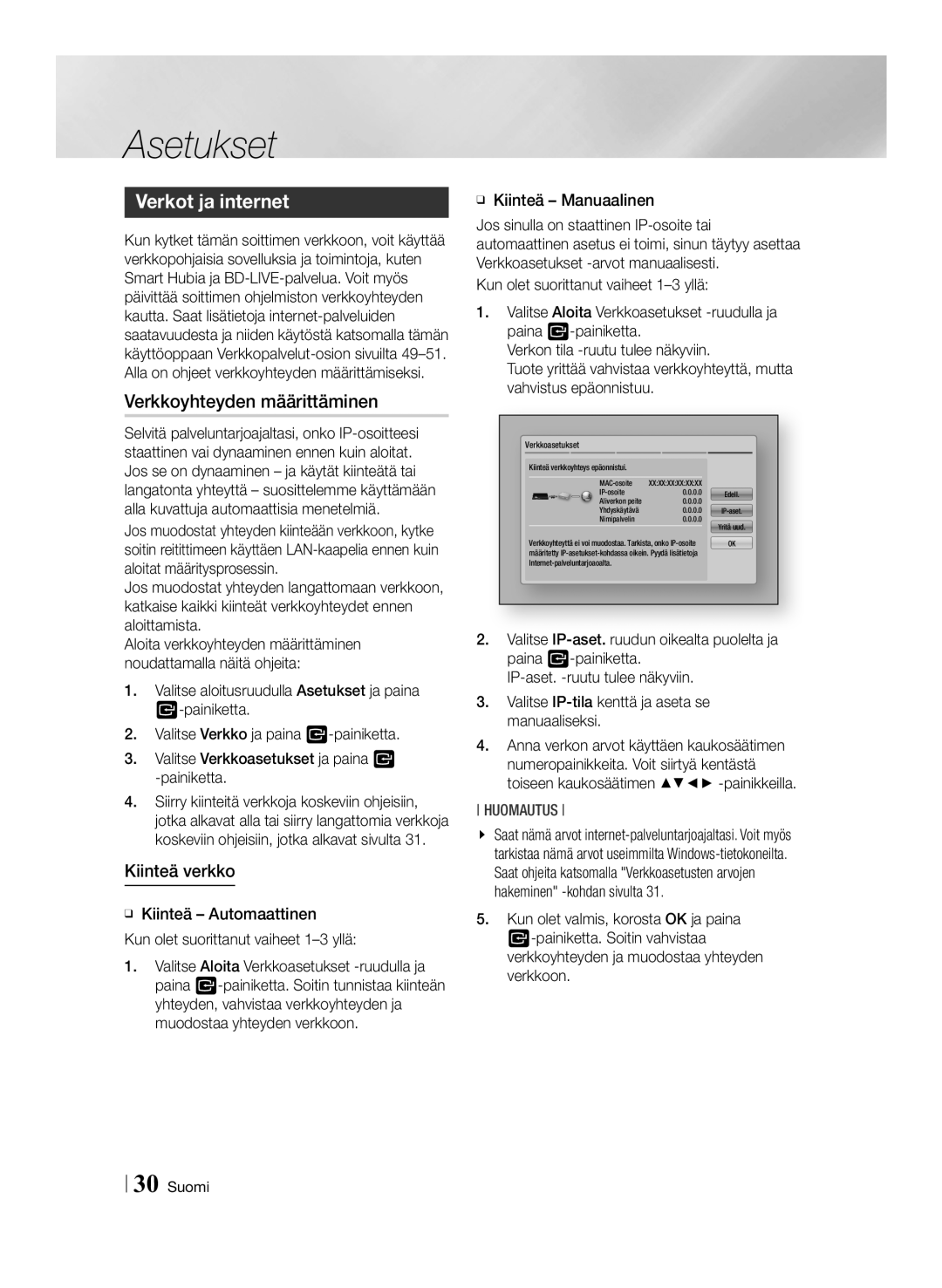 Samsung BD-ES7000/XE manual Verkot ja internet, Verkkoyhteyden määrittäminen, Kiinteä verkko 