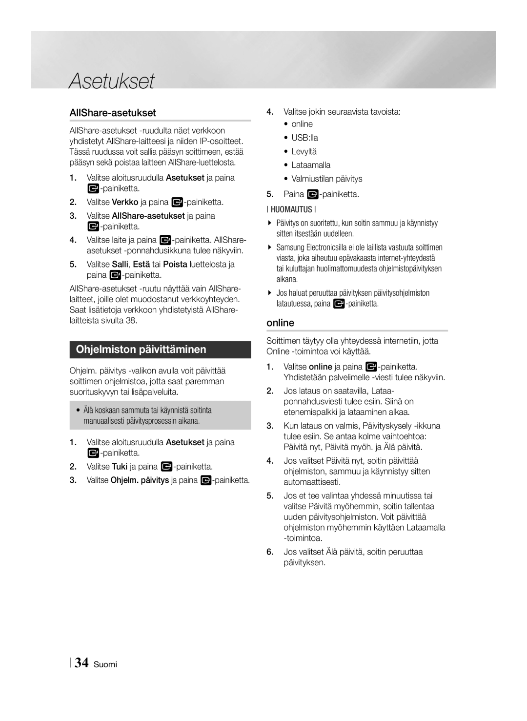 Samsung BD-ES7000/XE manual AllShare-asetukset, Ohjelmiston päivittäminen 