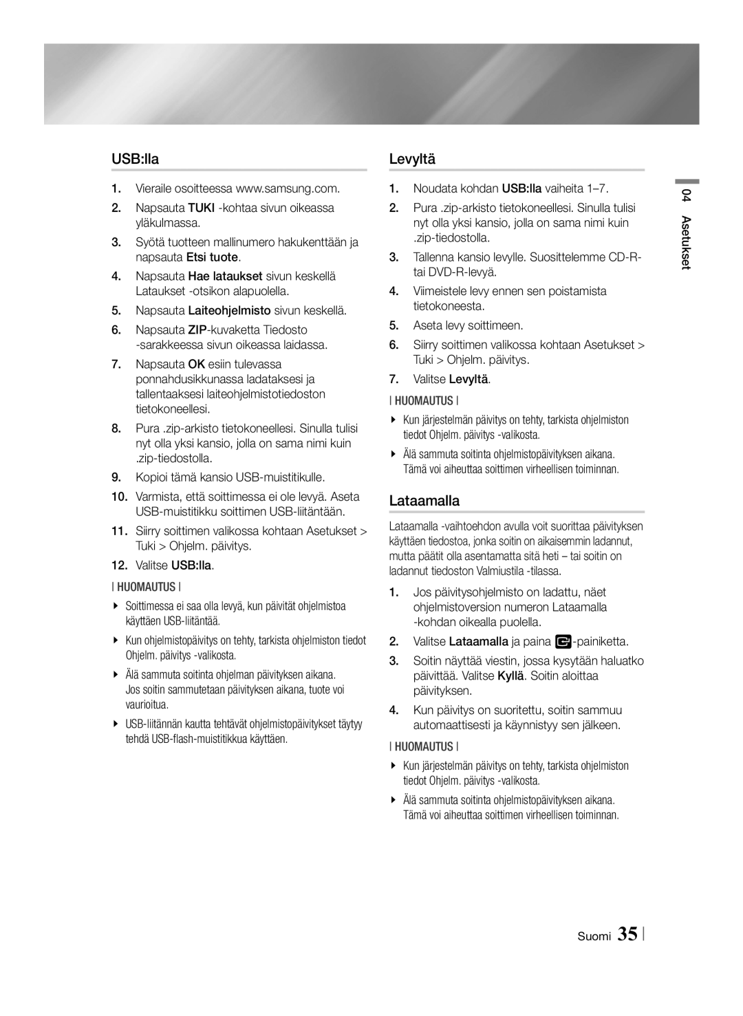 Samsung BD-ES7000/XE manual USBlla, Levyltä, Lataamalla, Zip-tiedostolla Kopioi tämä kansio USB-muistitikulle 