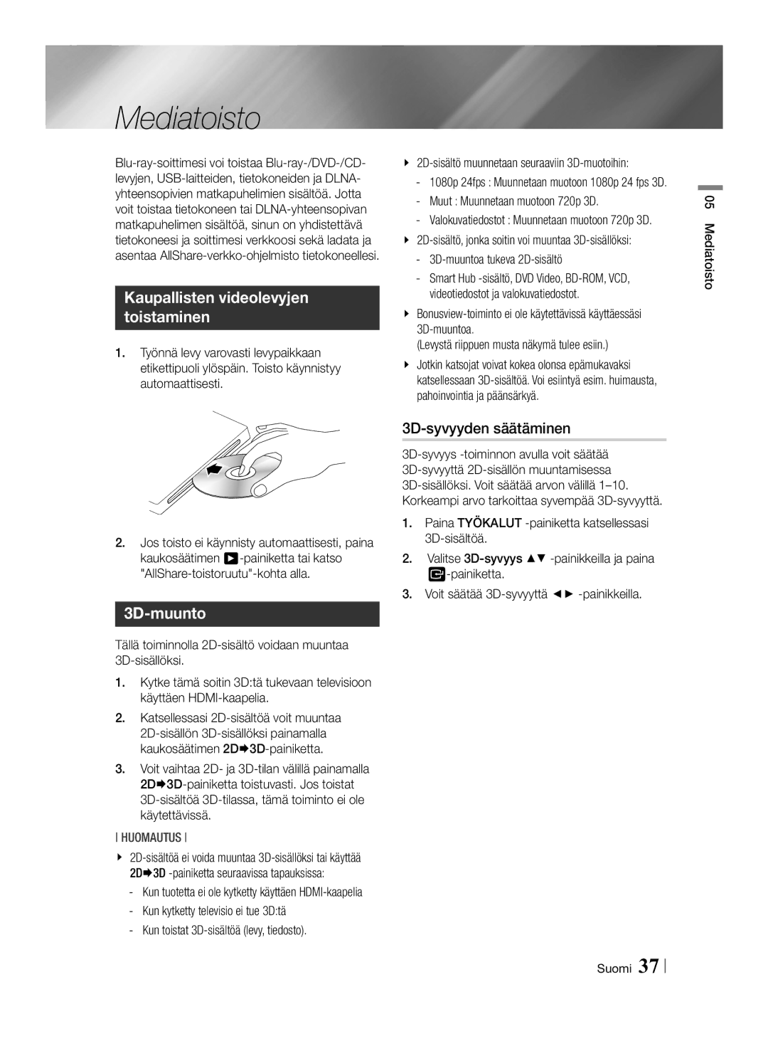 Samsung BD-ES7000/XE manual Mediatoisto, 3D-muunto, 3D-syvyyden säätäminen 