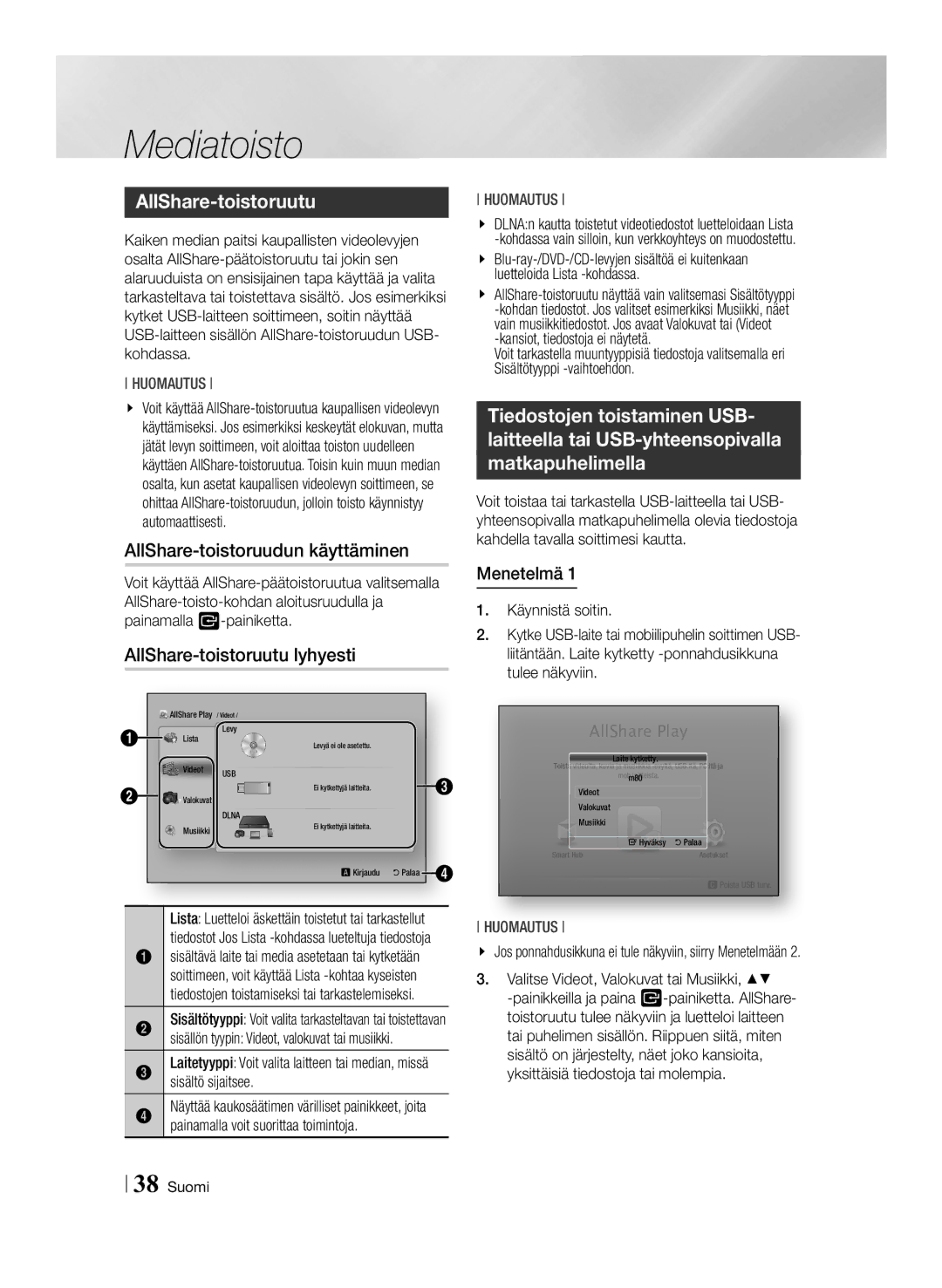 Samsung BD-ES7000/XE manual AllShare-toistoruudun käyttäminen, AllShare-toistoruutu lyhyesti, Menetelmä 