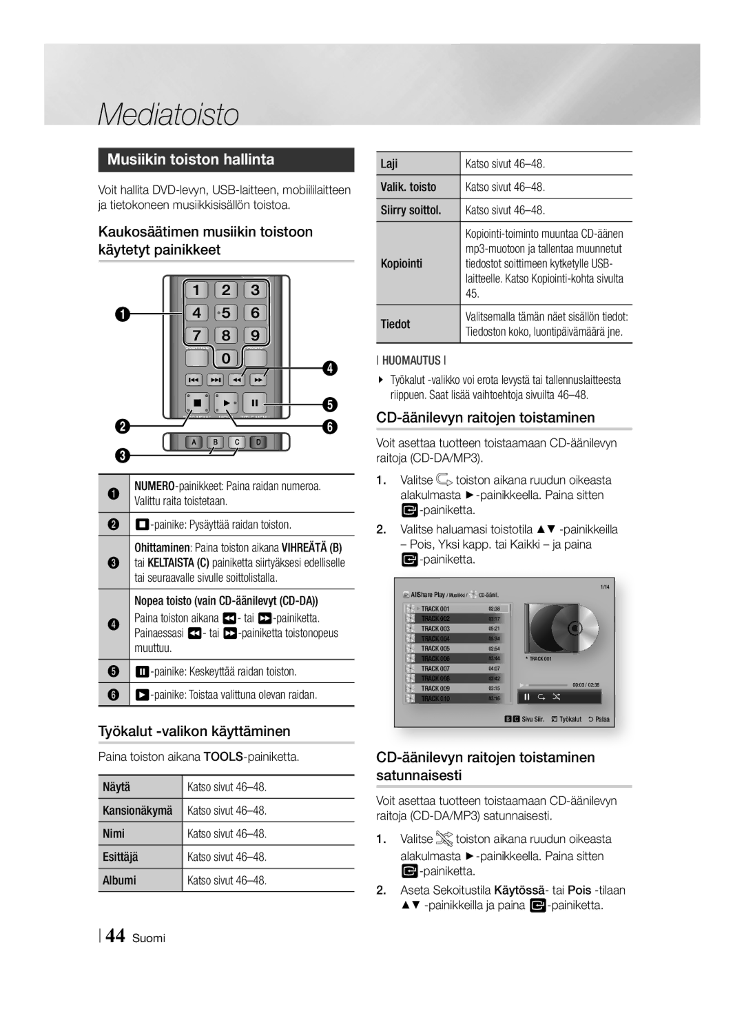 Samsung BD-ES7000/XE manual Musiikin toiston hallinta, Kaukosäätimen musiikin toistoon käytetyt painikkeet 