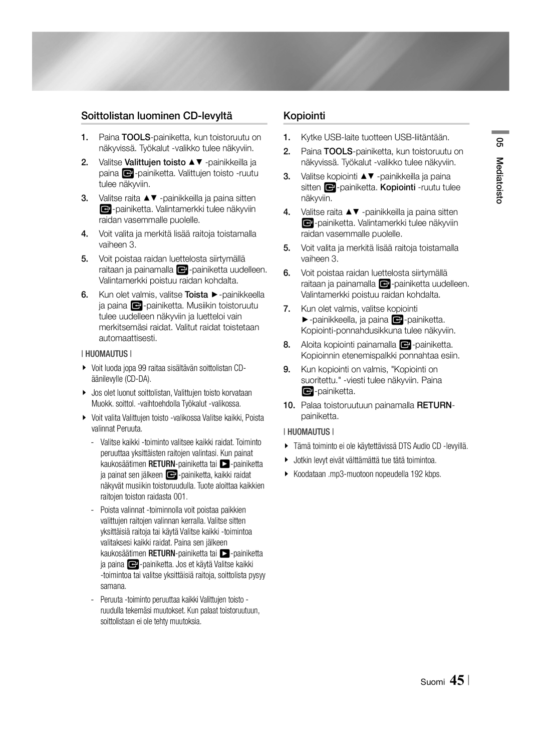 Samsung BD-ES7000/XE manual Soittolistan luominen CD-levyltä, Kopiointi, Kytke USB-laite tuotteen USB-liitäntään 