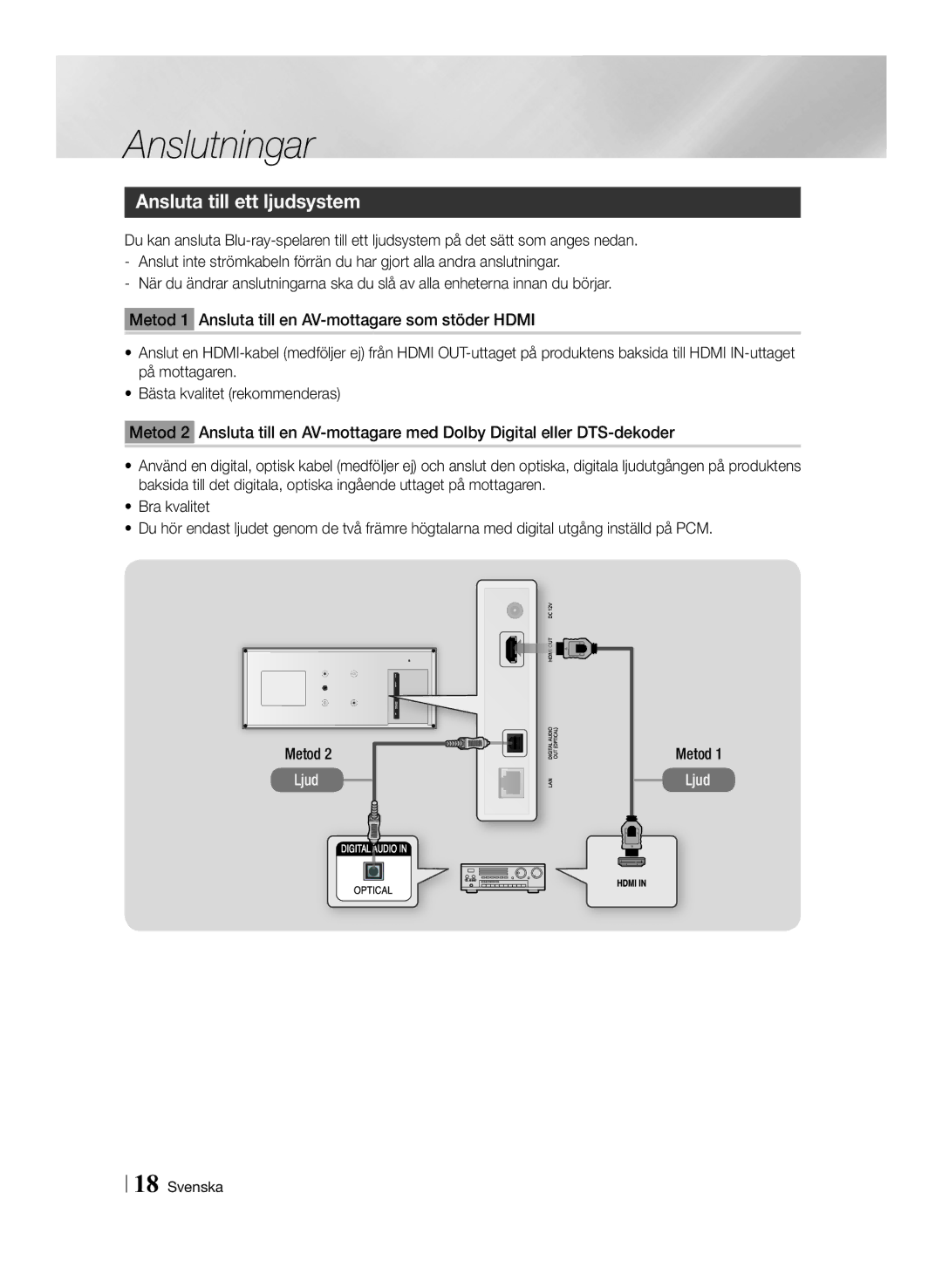 Samsung BD-ES7000/XE manual Ansluta till ett ljudsystem, Metod 