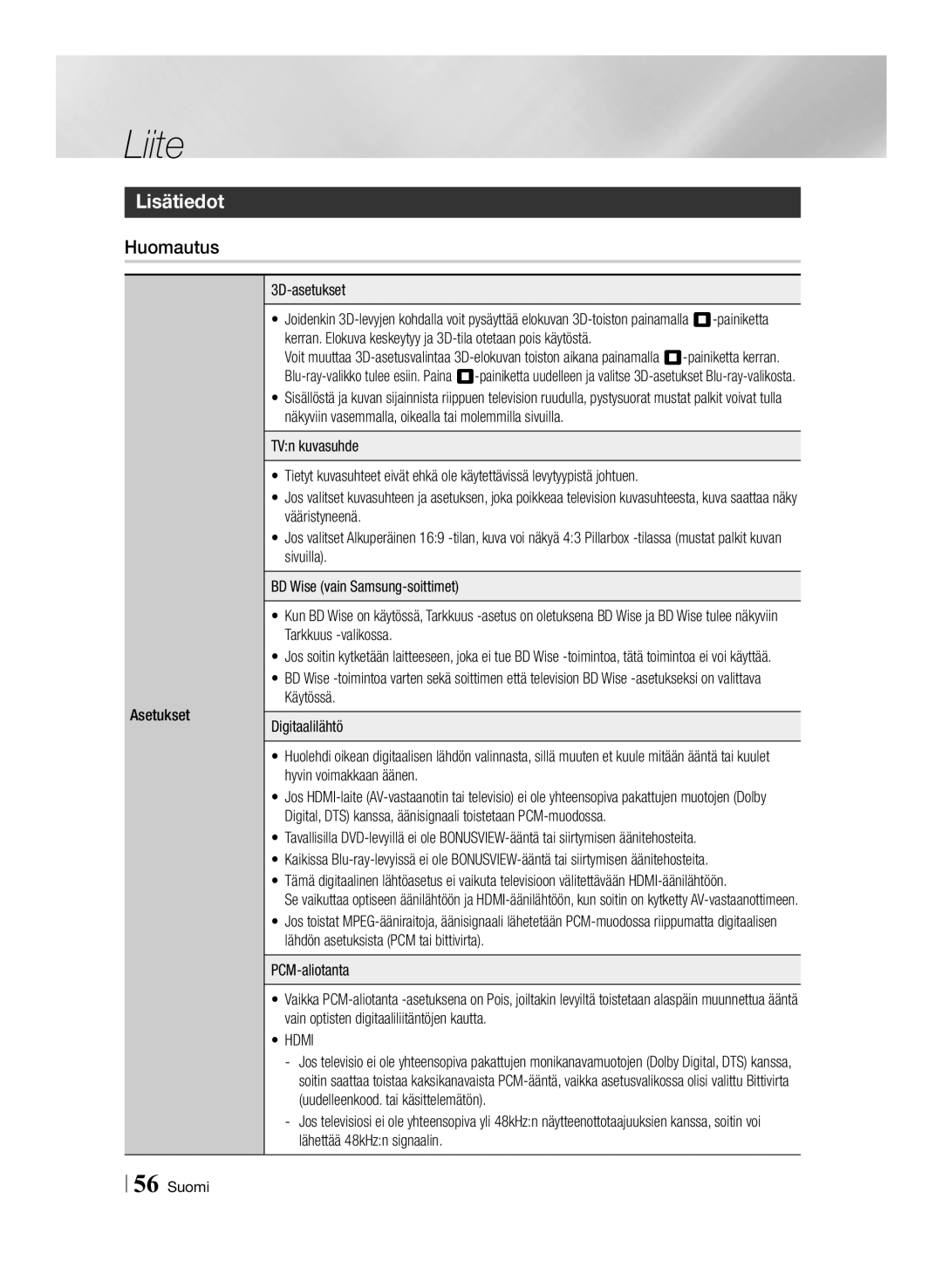 Samsung BD-ES7000/XE manual Lisätiedot, Huomautus, Asetukset 3D-asetukset 