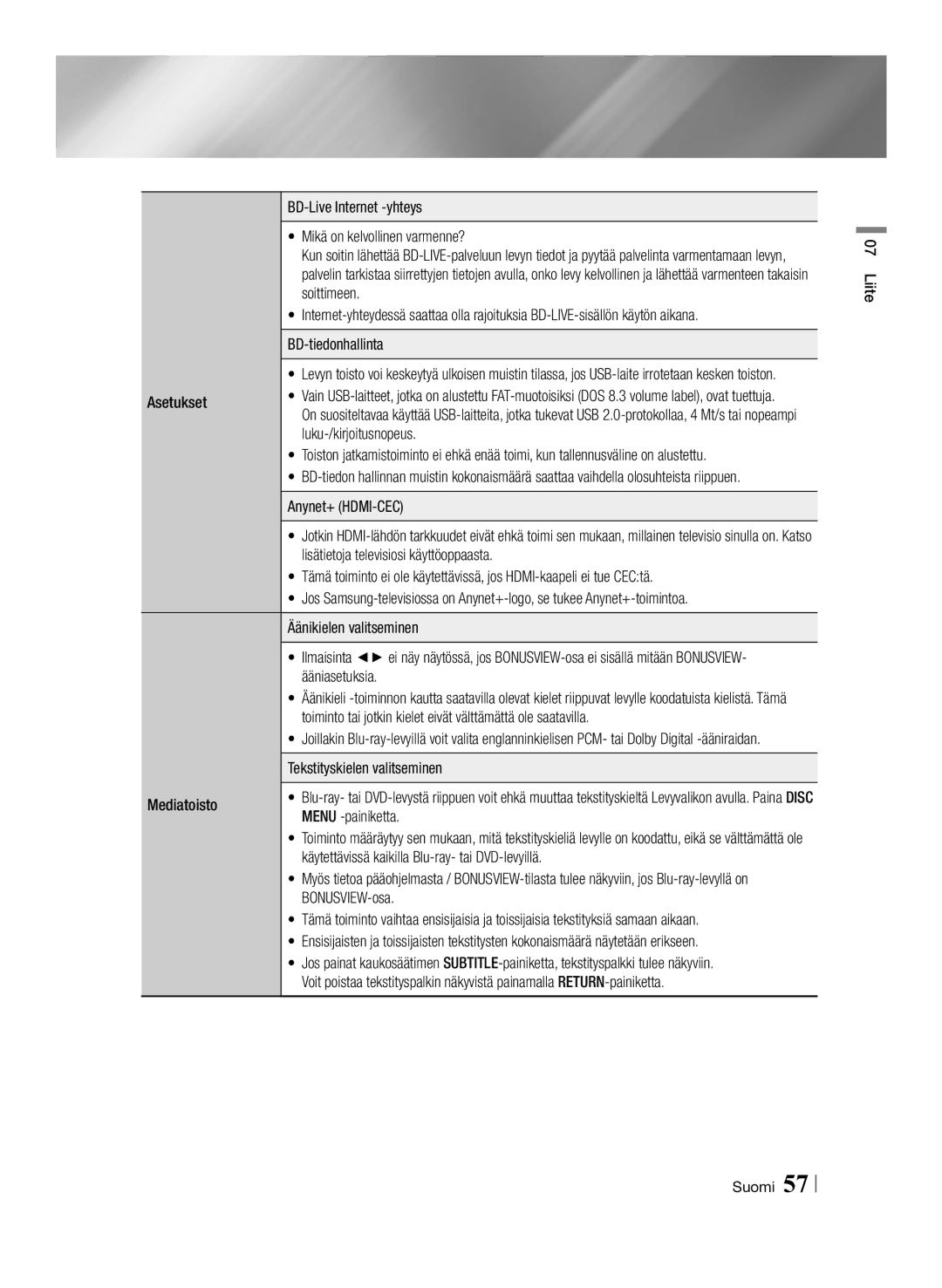 Samsung BD-ES7000/XE manual Asetukset, Luku-/kirjoitusnopeus, Ääniasetuksia, Tekstityskielen valitseminen, Mediatoisto 