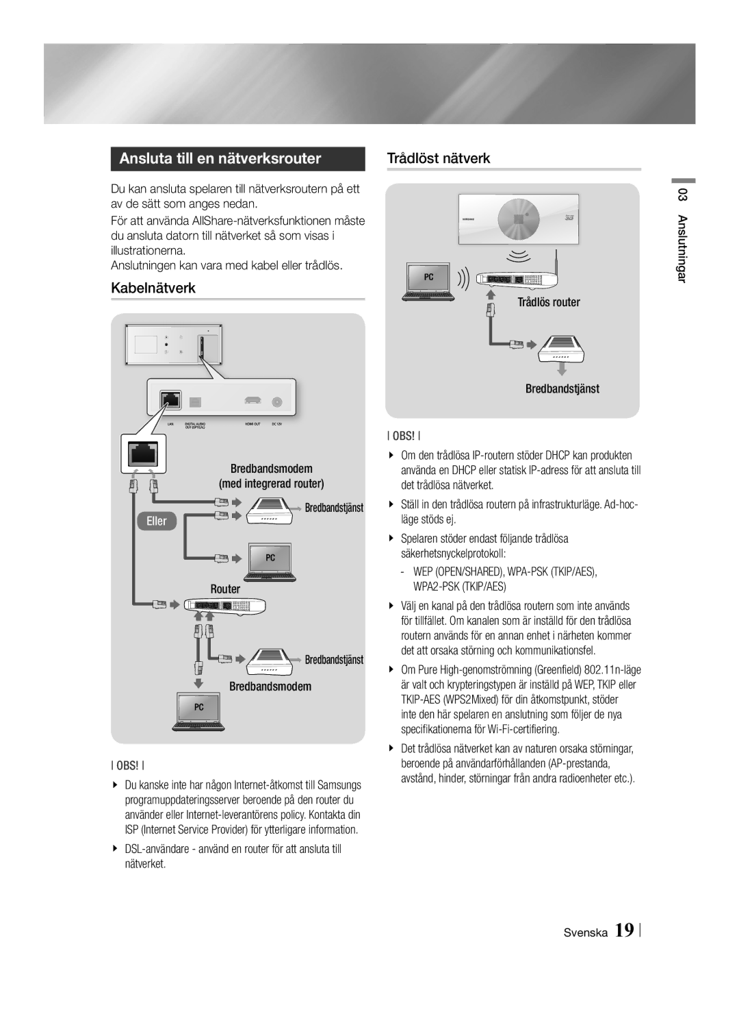 Samsung BD-ES7000/XE manual Ansluta till en nätverksrouter, Kabelnätverk, Trådlöst nätverk 