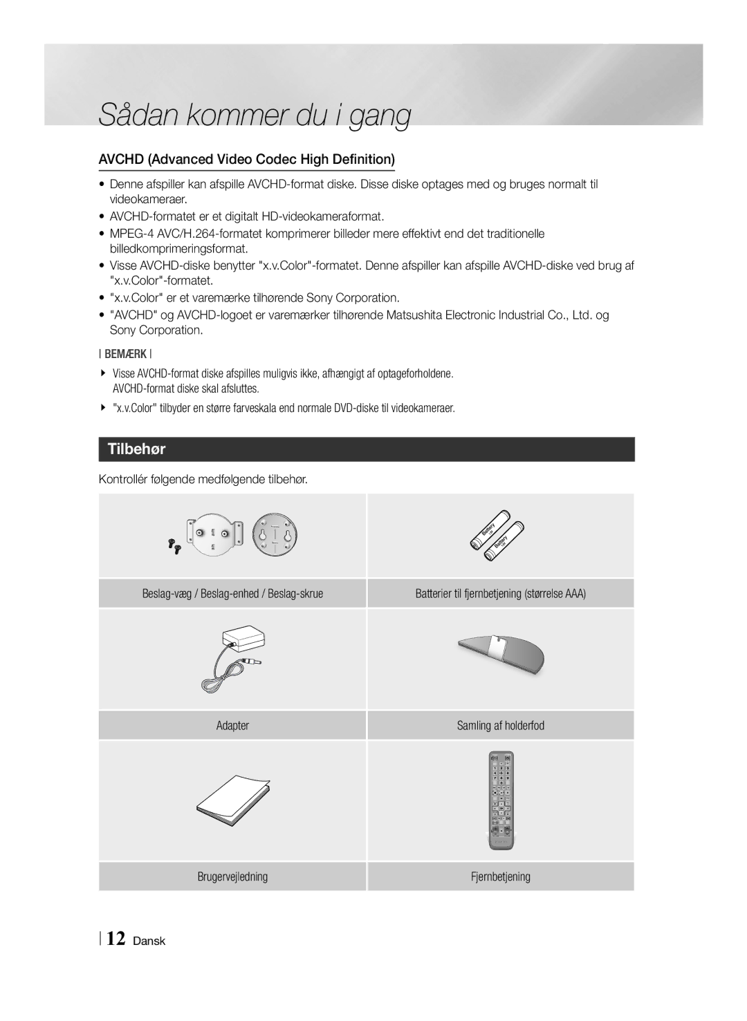 Samsung BD-ES7000/XE manual Tilbehør, Avchd Advanced Video Codec High Definition 