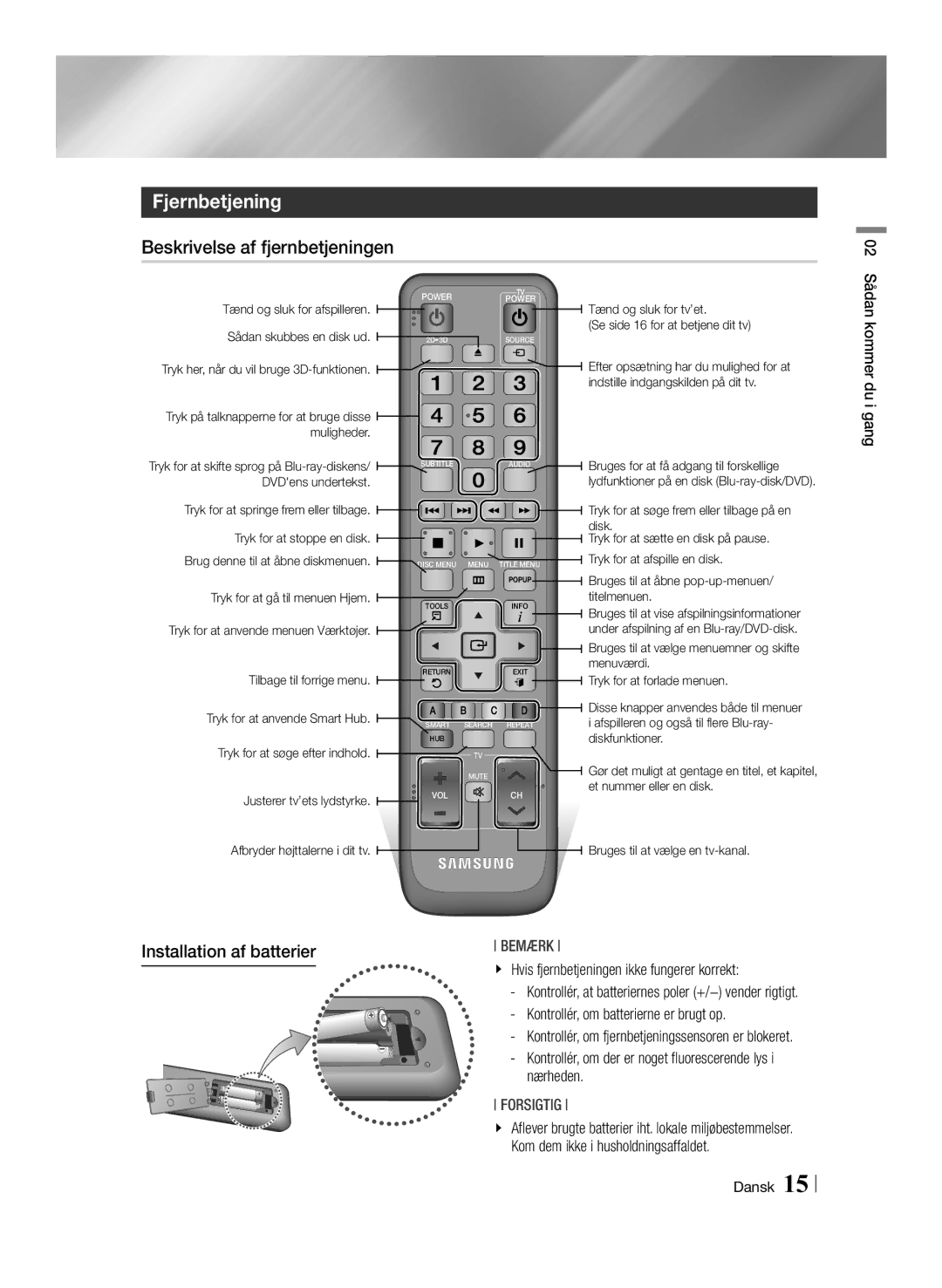 Samsung BD-ES7000/XE manual Fjernbetjening, Beskrivelse af fjernbetjeningen, Installation af batterier, Nærheden 